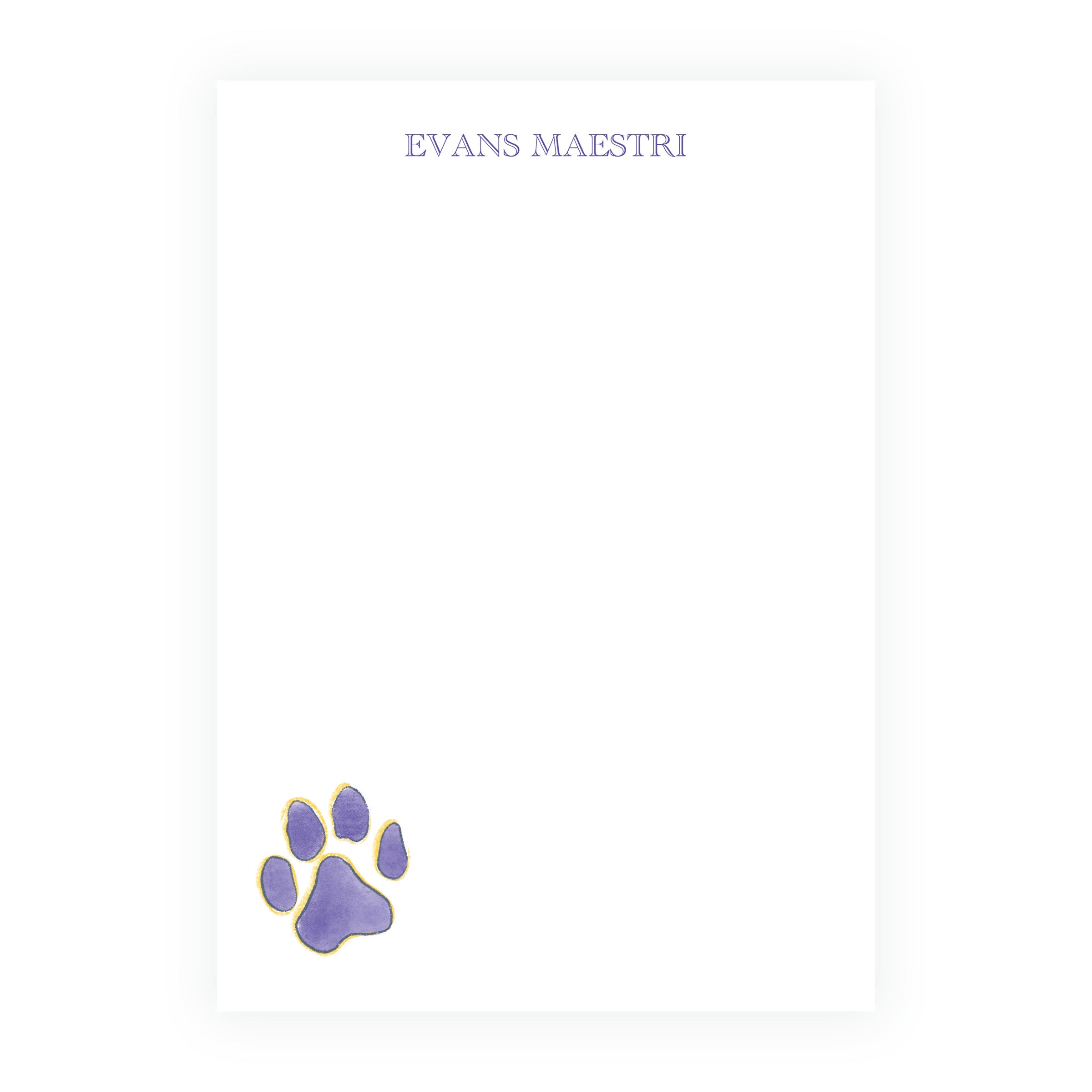 Personalized purple and gold paw print notepad with custom name