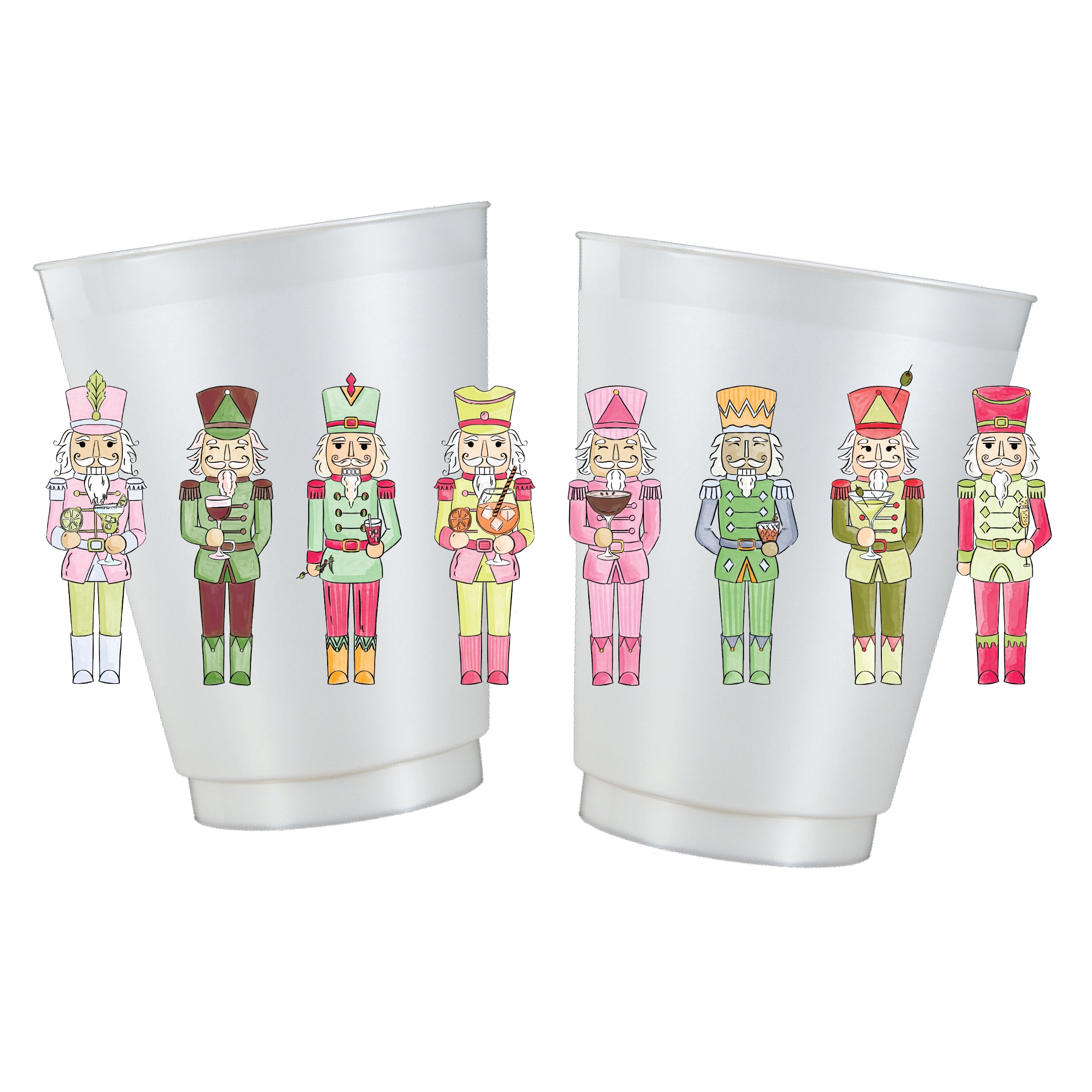 Colorful nutcracker cocktail frosted cups featuring illustrated nutcrackers holding festive drinks for a Christmas party