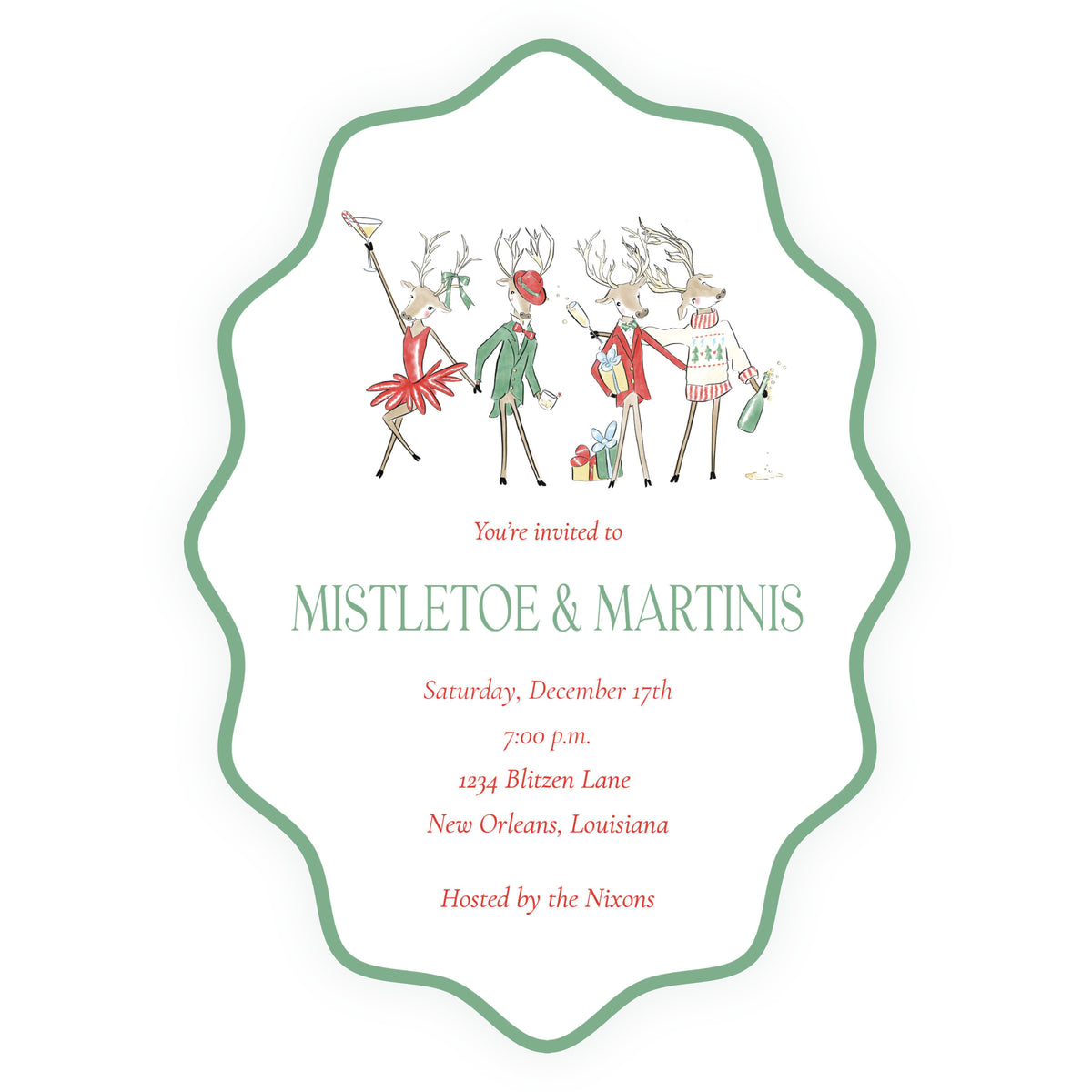 Reindeer Revelry Mistletoe & Martinis Wavy Die-Cut Christmas Party Invitation