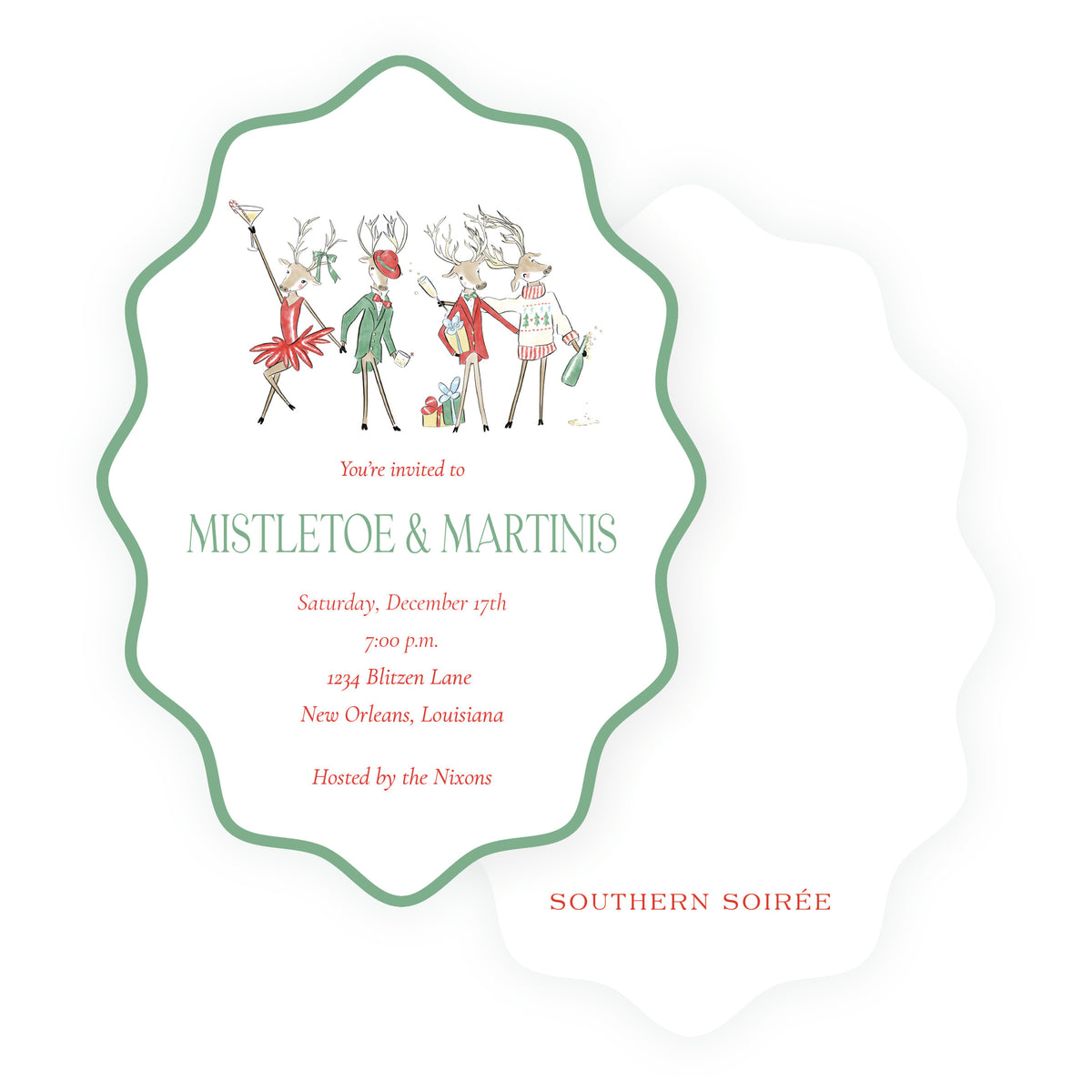 Reindeer Revelry Mistletoe & Martinis Wavy Die-Cut Christmas Party Invitation