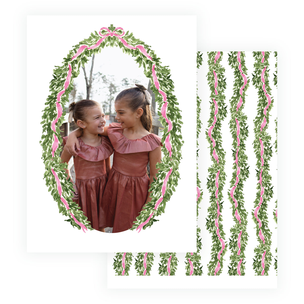 Personalized Christmas card with evergreen oval frame and pink ribbon