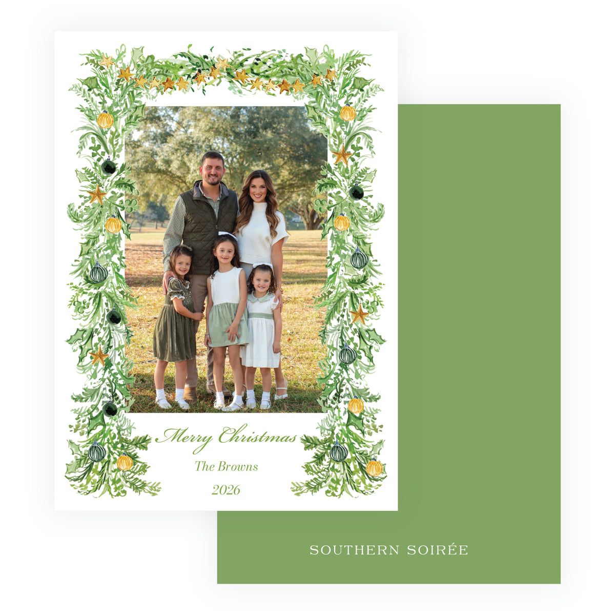 Festive Fir Garland personalized Christmas photo card with watercolor evergreen border, gold stars, ornaments and family photograph.