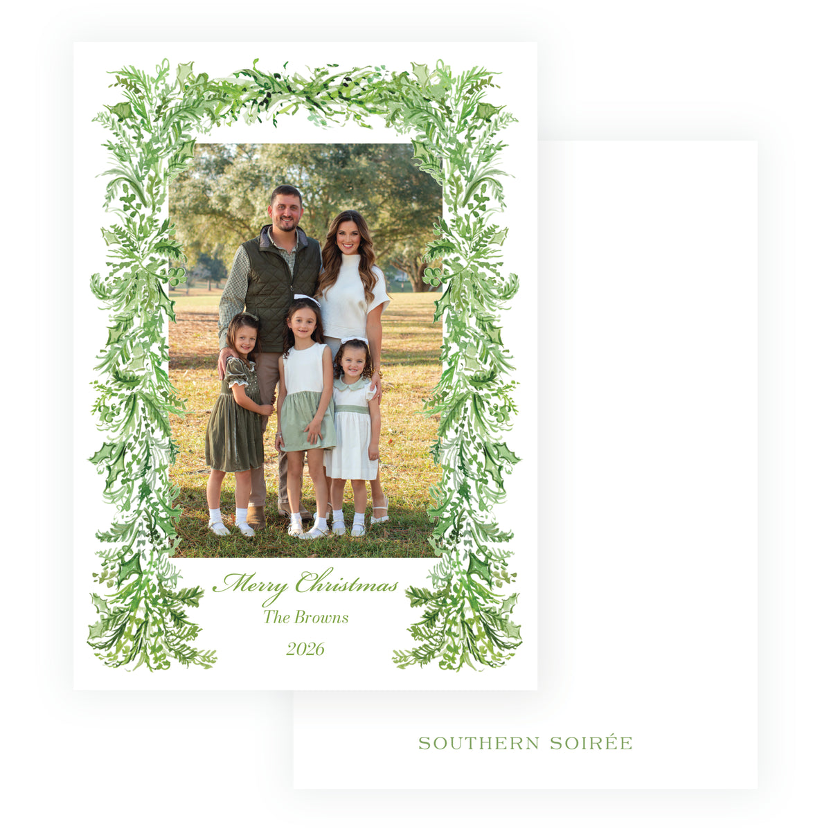Festive Fir Evergreen Garland personalized Christmas photo card with watercolor greenery border, family photograph and custom Christmas greeting.