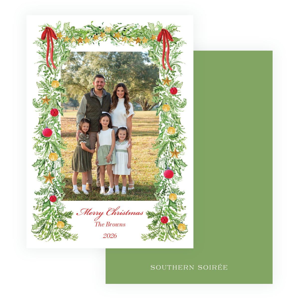 Festive Fir Red Ribbon Garland Personalized Christmas Photo Card
