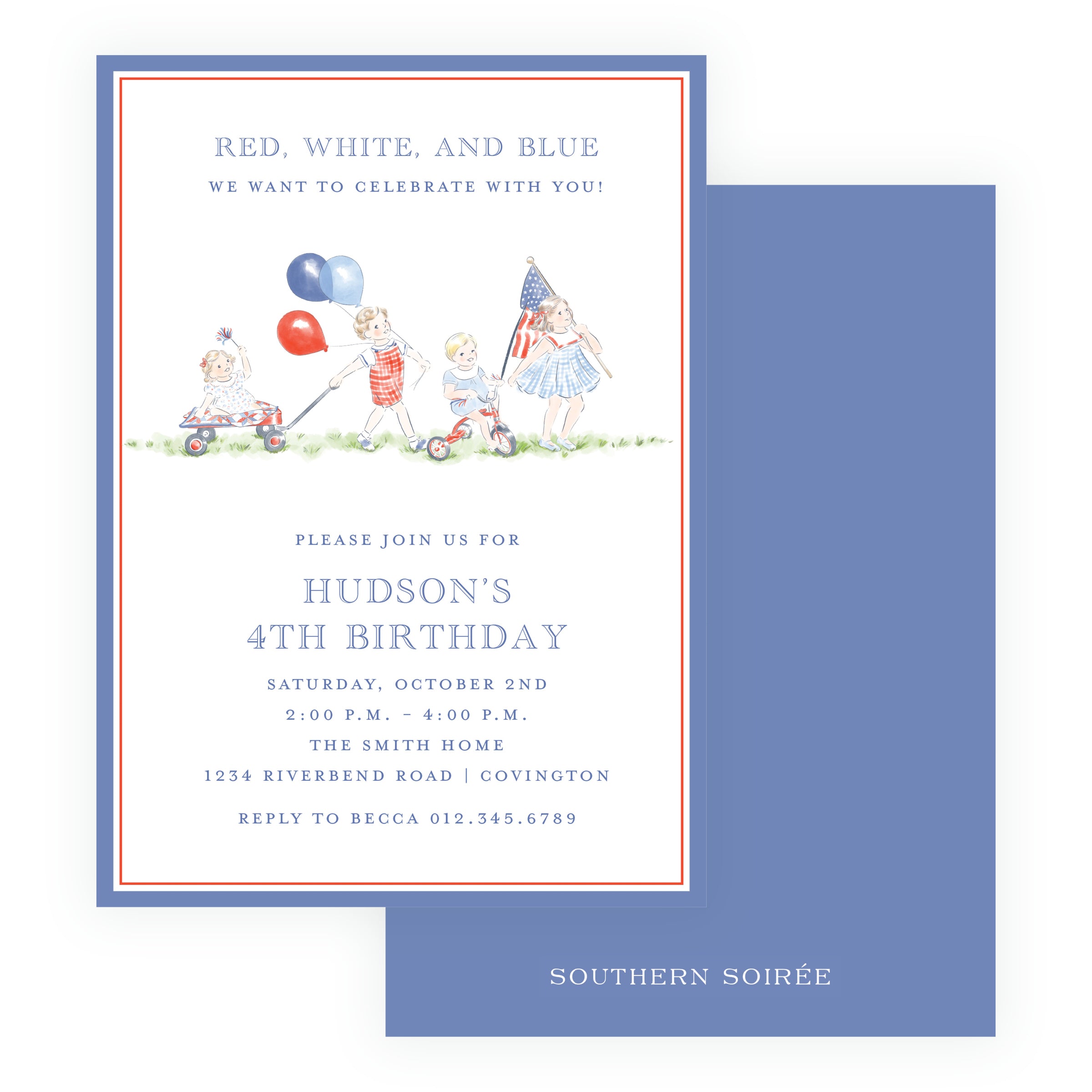 Red, white and blue patriotic children’s birthday invitation with balloons, wagon, tricycle and American flag