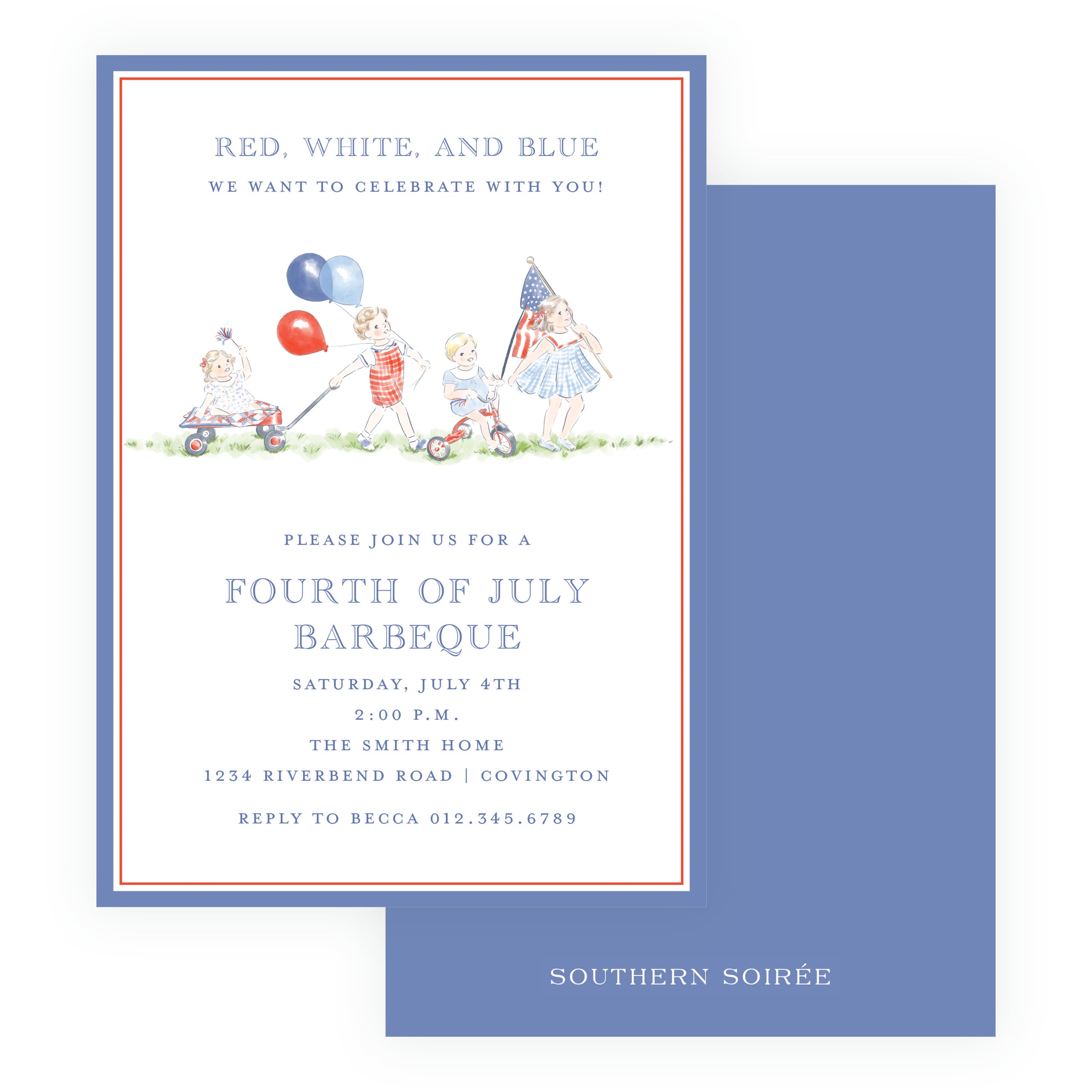 Americana Red, white and blue children’s parade invitation with balloons, wagon, tricycle and American flag