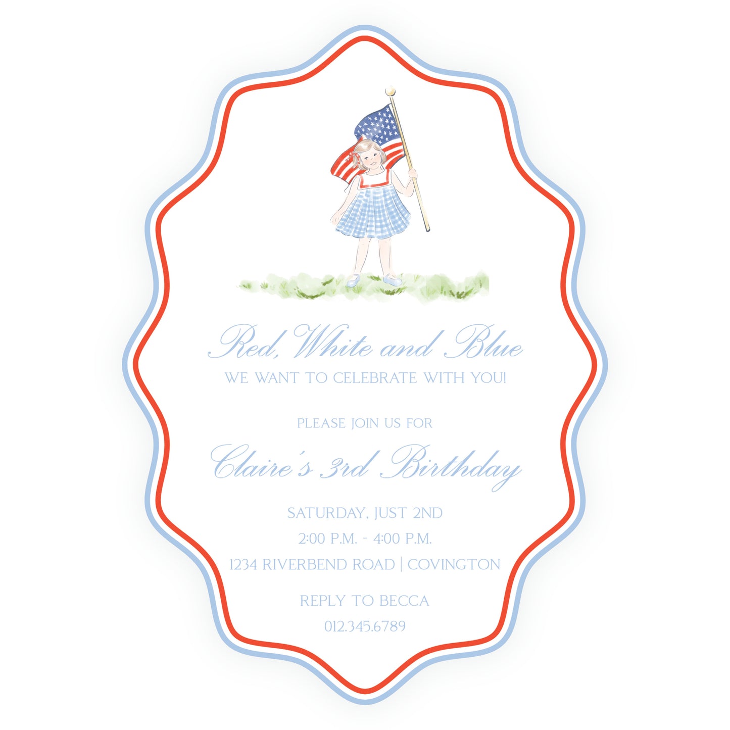 Sweet Liberty Girl with Flag Wavy Oval Invitation