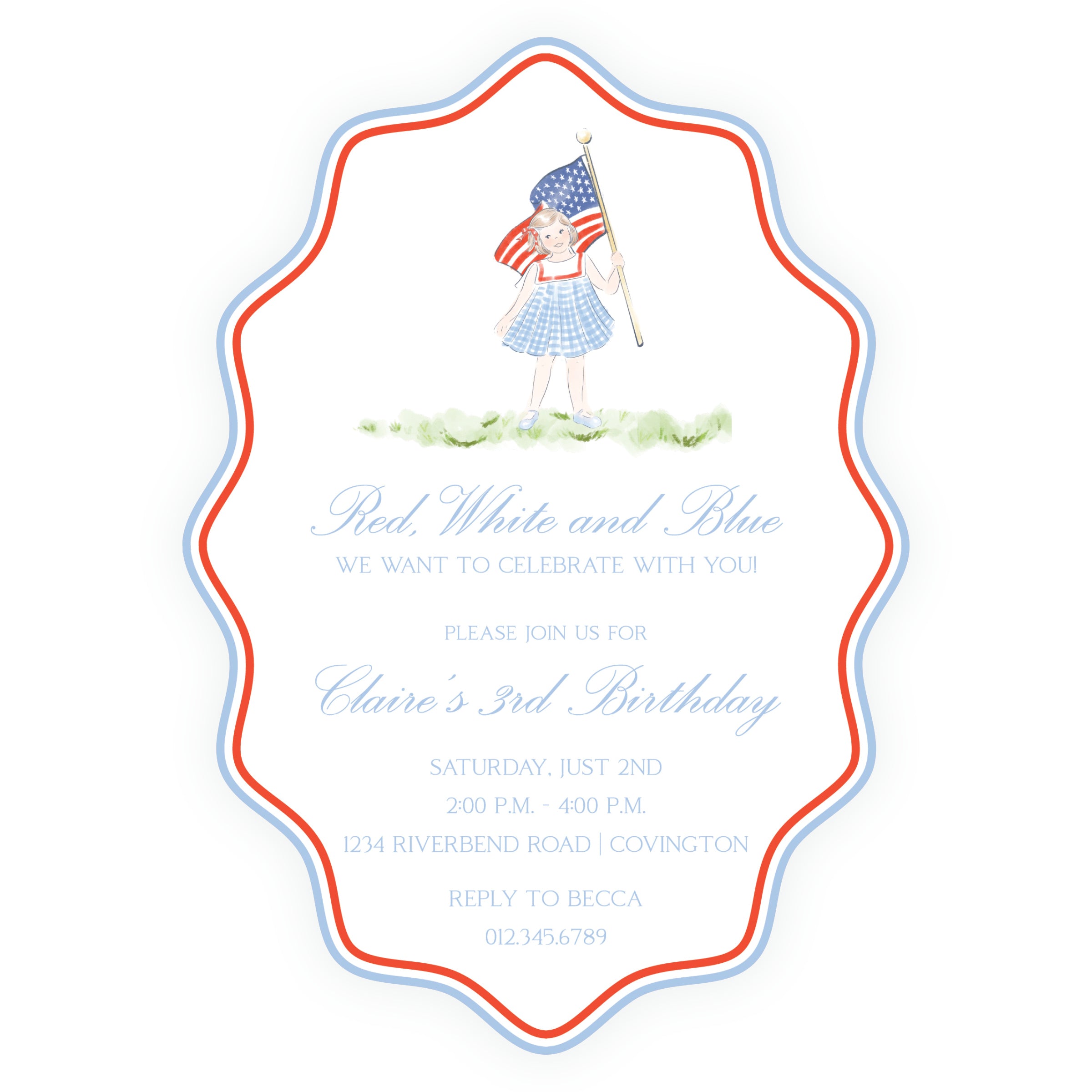 Sweet Liberty Girl with Flag Wavy Oval Invitation