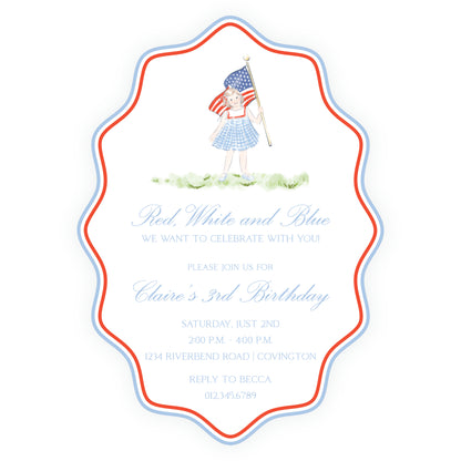 Sweet Liberty Girl with Flag Wavy Oval Invitation
