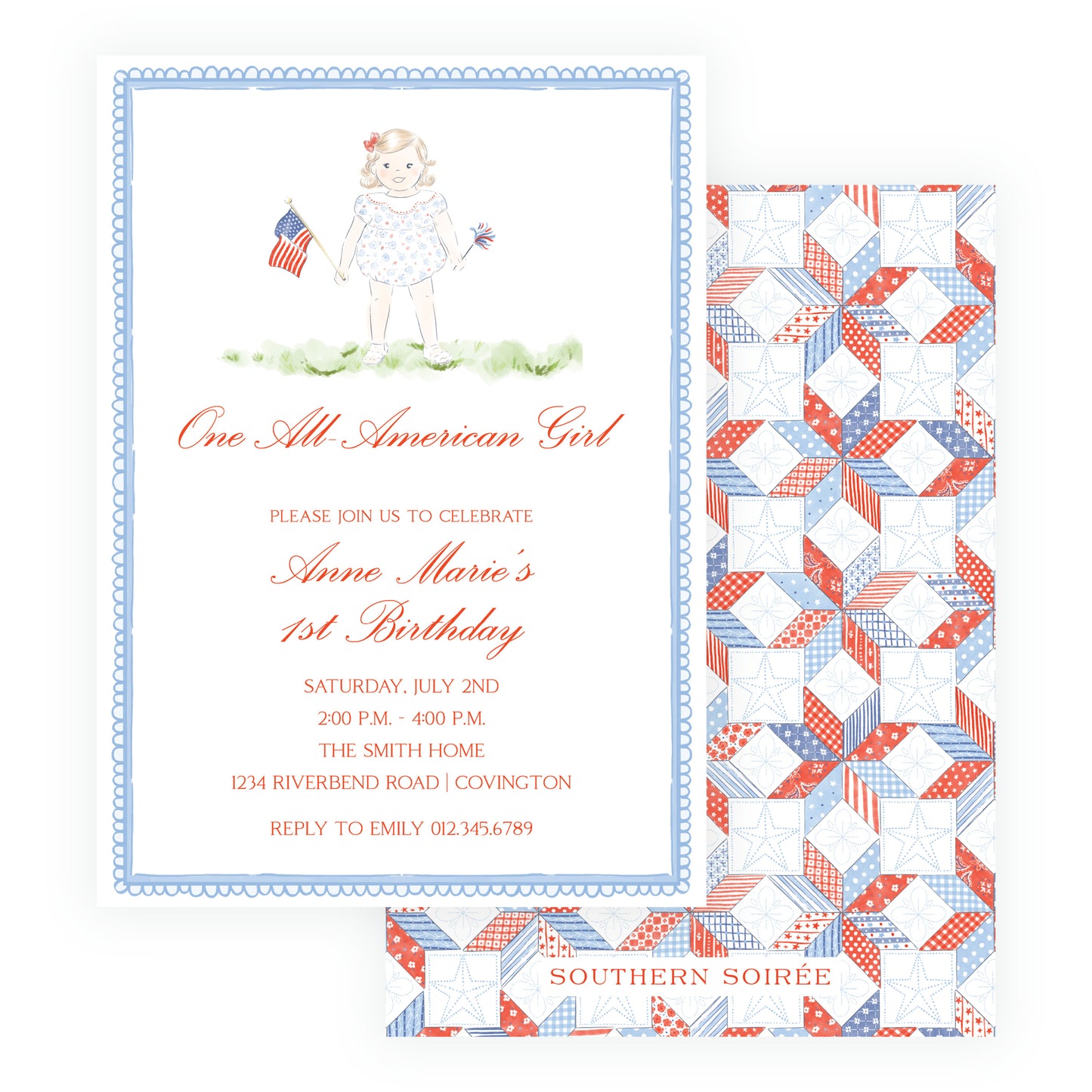 Patriotic birthday invitation with red white blue patchwork backing, watercolor girl illustration, classic southern children’s invitation design, all American theme party invitation