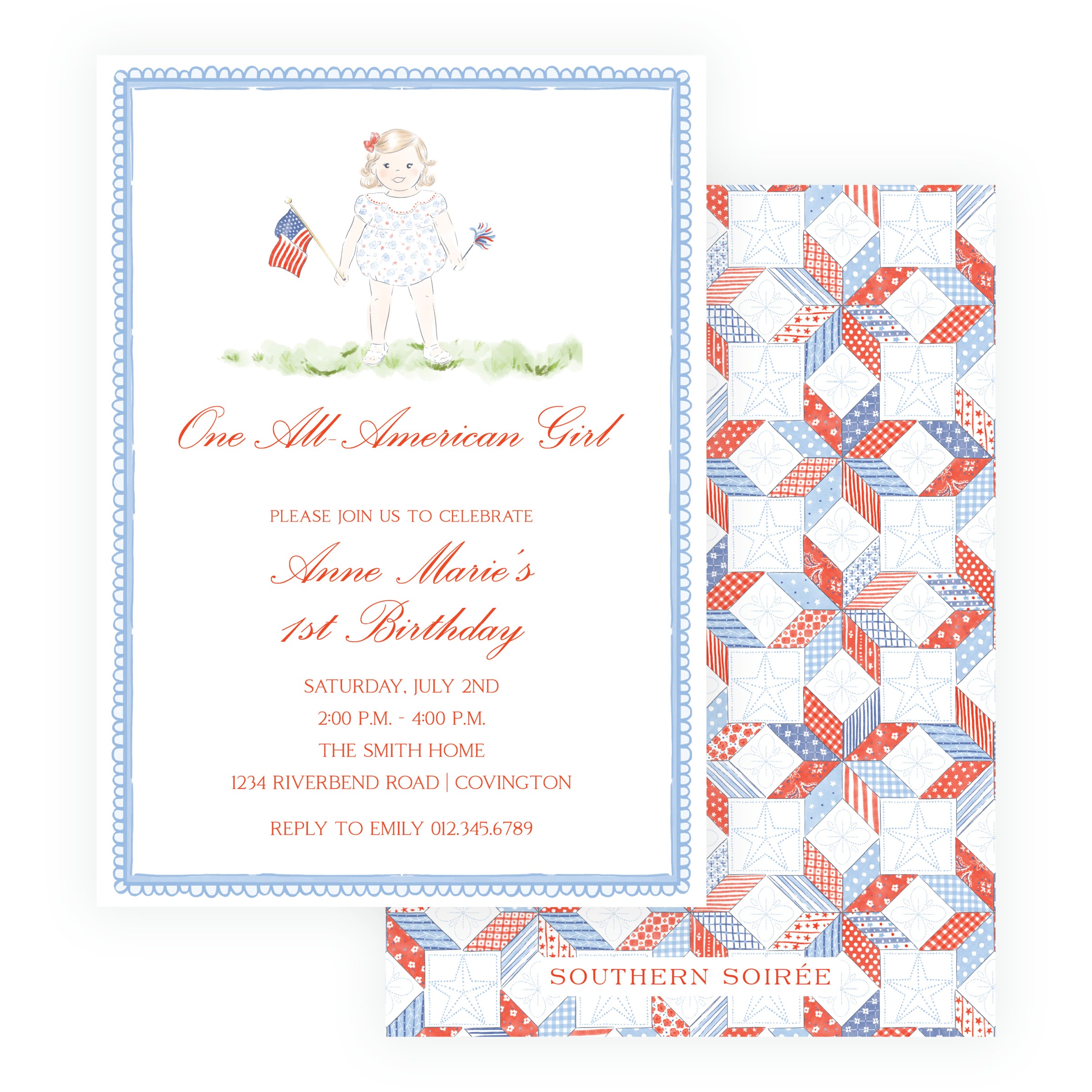 Patriotic birthday invitation with red white blue patchwork backing, watercolor girl illustration, classic southern children’s invitation design, all American theme party invitation