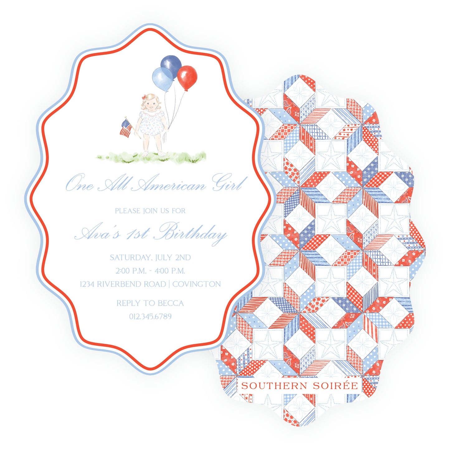 Sweet Liberty Toddler Girl and Balloons Wavy Oval Invitation