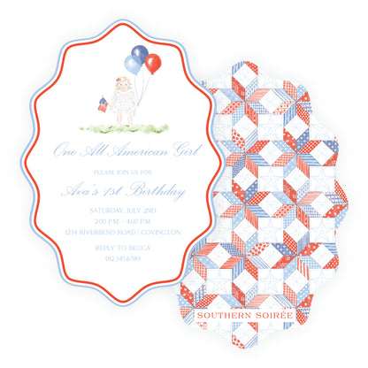 Sweet Liberty Toddler Girl and Balloons Wavy Oval Invitation