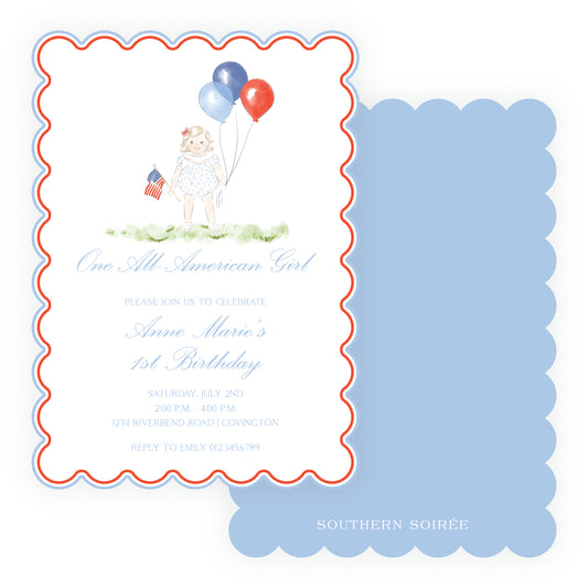 Sweet Liberty Toddler Girl and Balloons Scallop Invitation