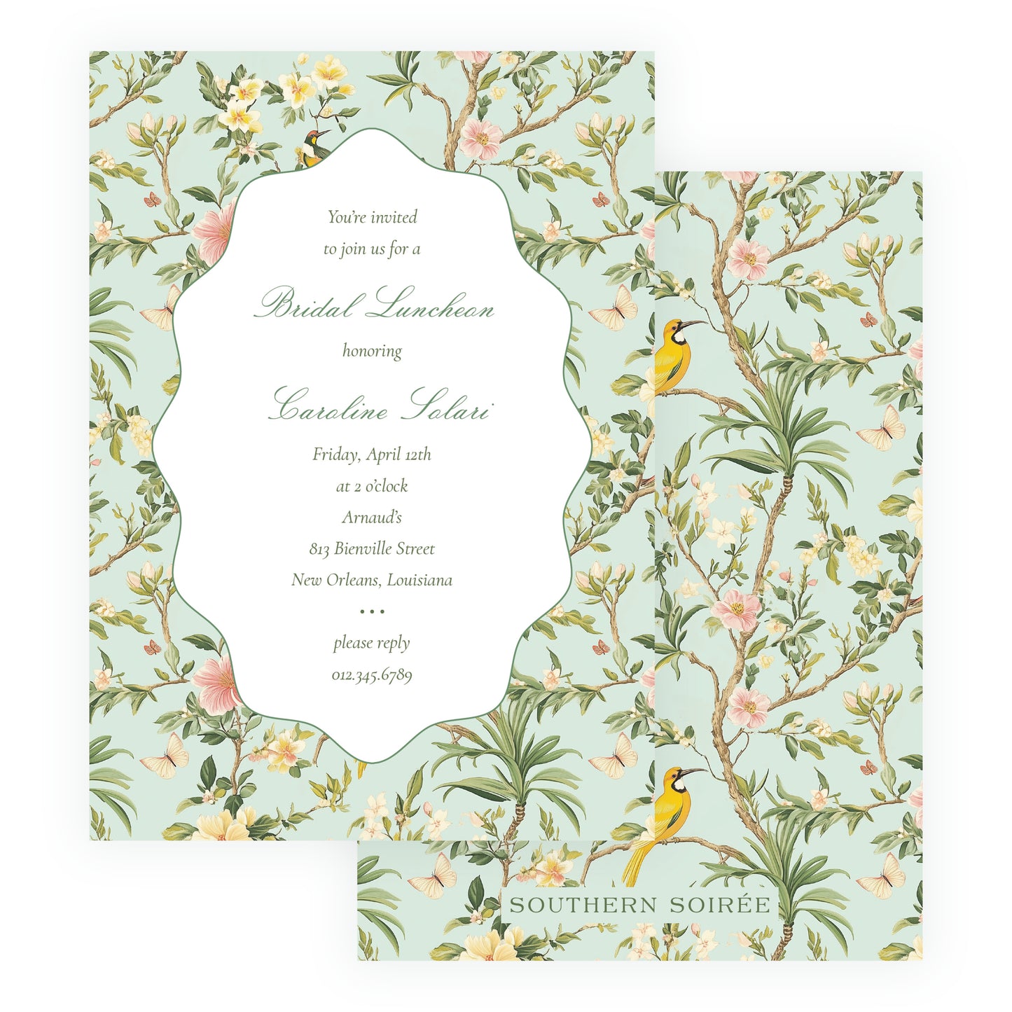 Vintage Green Chinoiserie Wavy Border Invitation
