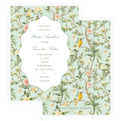 Vintage Green Chinoiserie Wavy Border Invitation