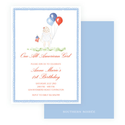 All American girl birthday invitation with watercolor child holding red white and blue balloons patriotic first birthday party invite Southern Soiree