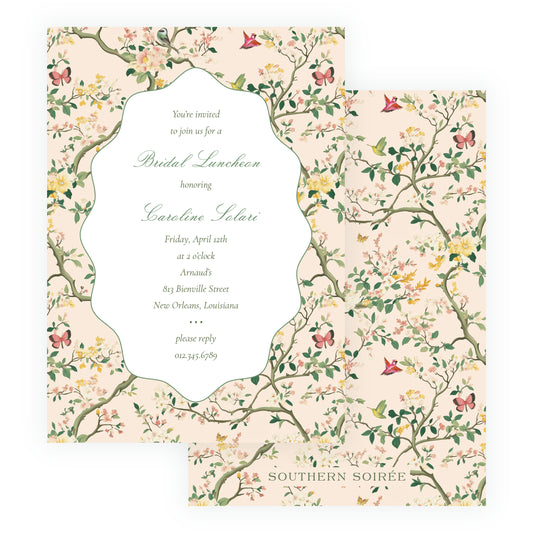 Vintage Peach Chinoiserie Wavy Border Invitation
