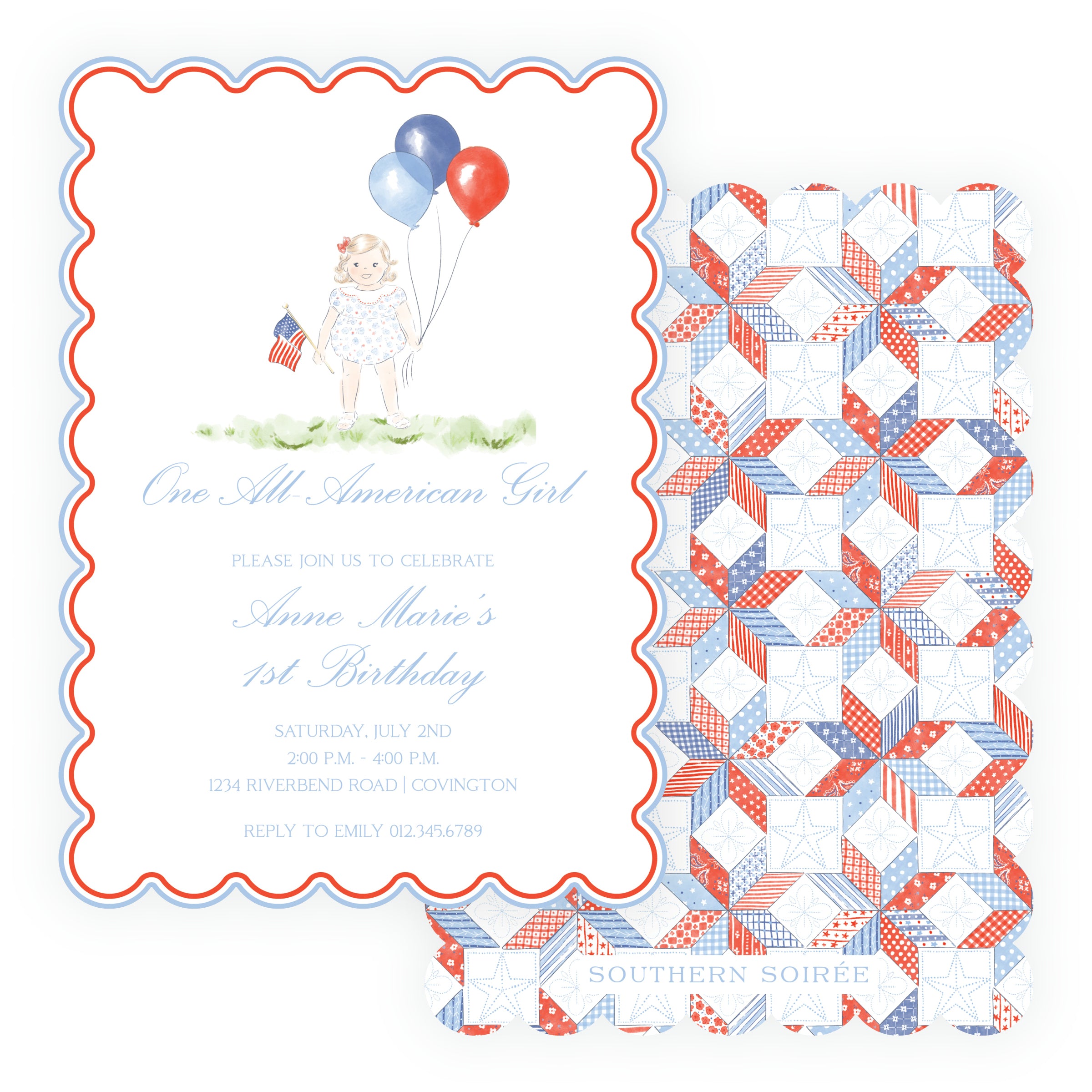 Sweet Liberty Toddler Girl and Balloons Scallop Invitation