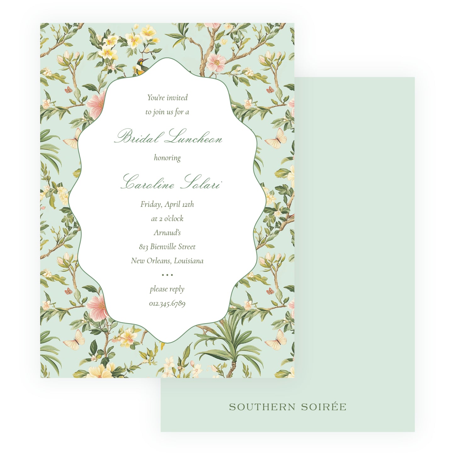 Vintage Green Chinoiserie Wavy Border Invitation