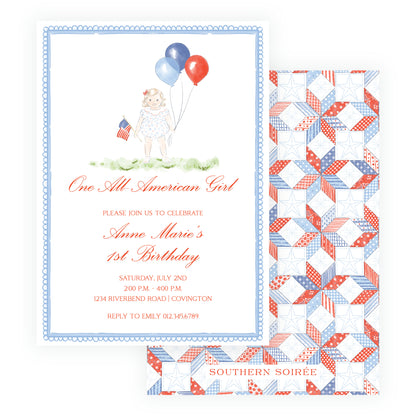 All American girl birthday invitation with watercolor child holding red white and blue balloons patriotic birthday party invite Southern Soiree