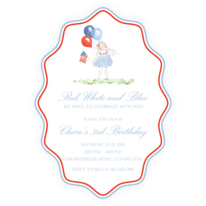 Sweet Liberty Girl with Balloons Wavy Oval Invitation