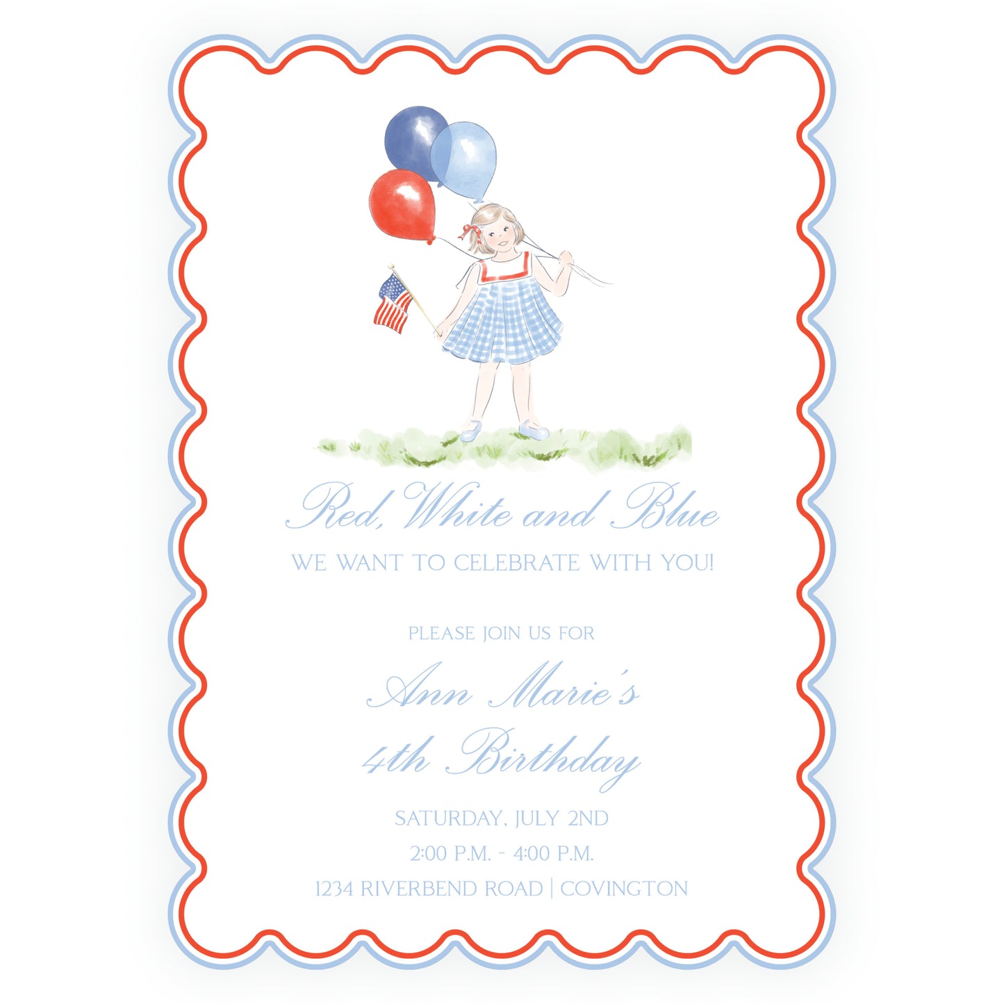 Sweet Liberty Girl with Balloons Scallop Invitation