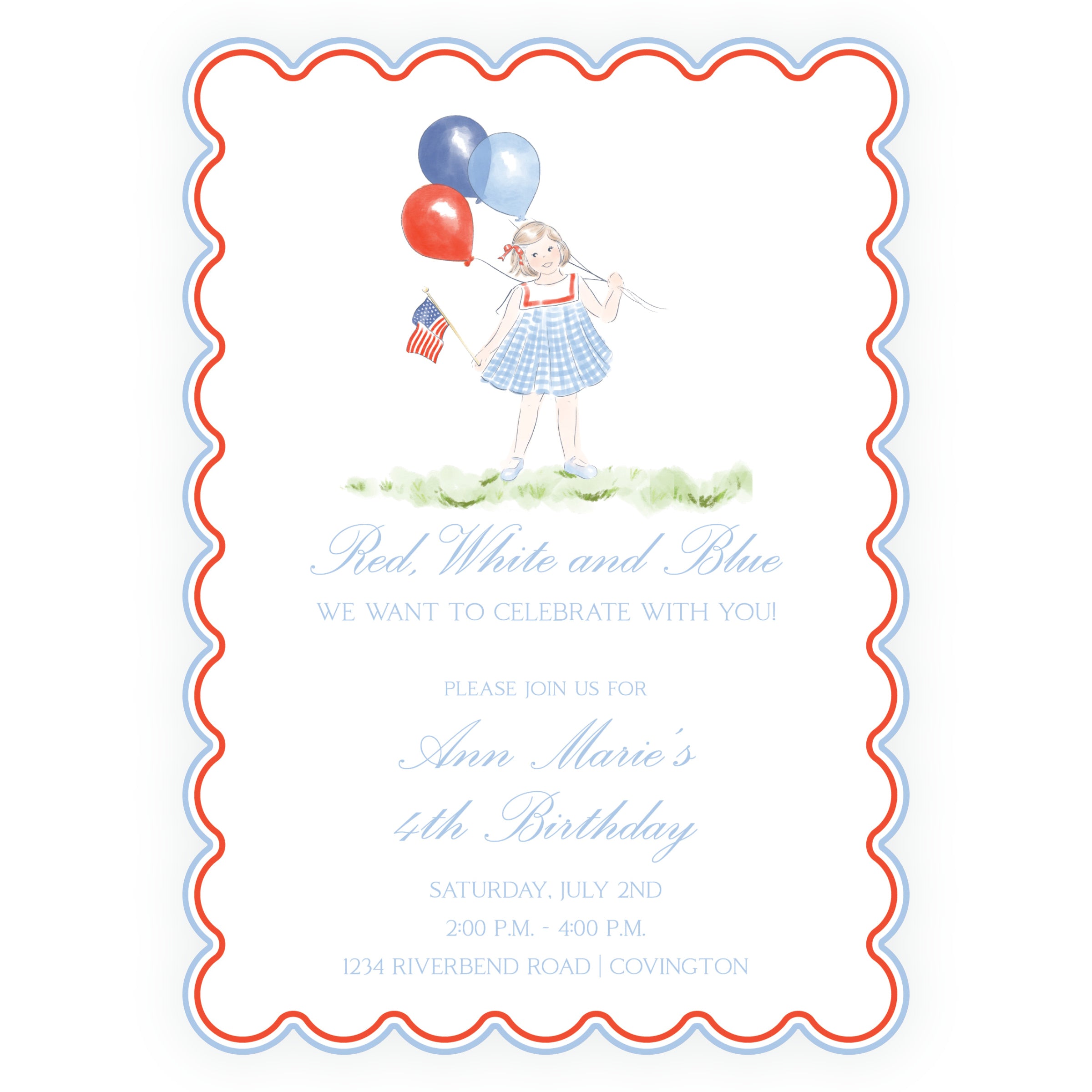 Sweet Liberty Girl with Balloons Scallop Invitation