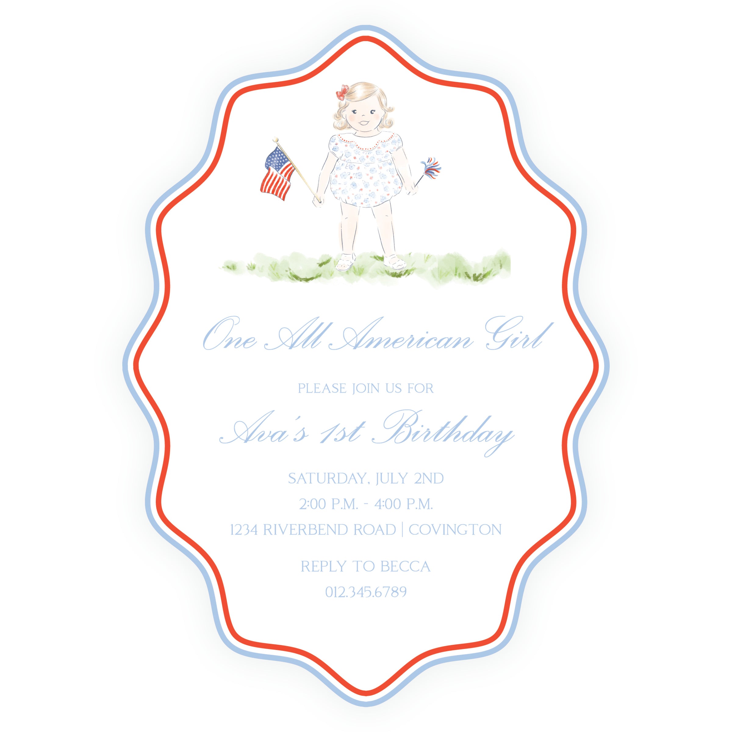 Sweet Liberty Toddler Girl Wavy Oval Invitation
