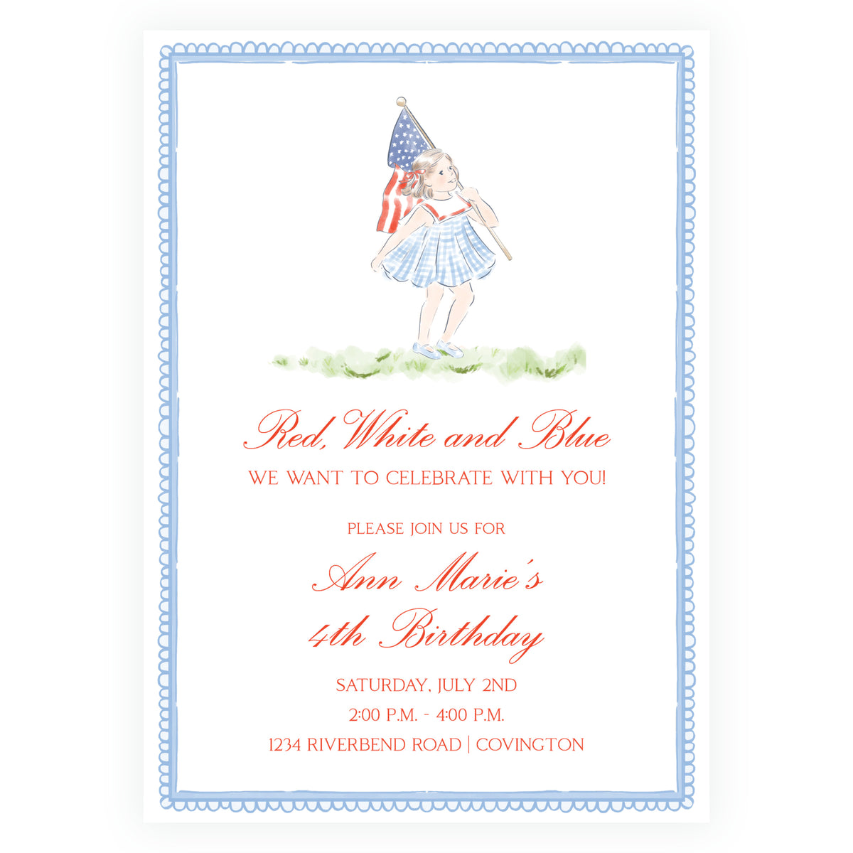 Sweet Liberty Patriotic Girl with American Flag Birthday Invitation