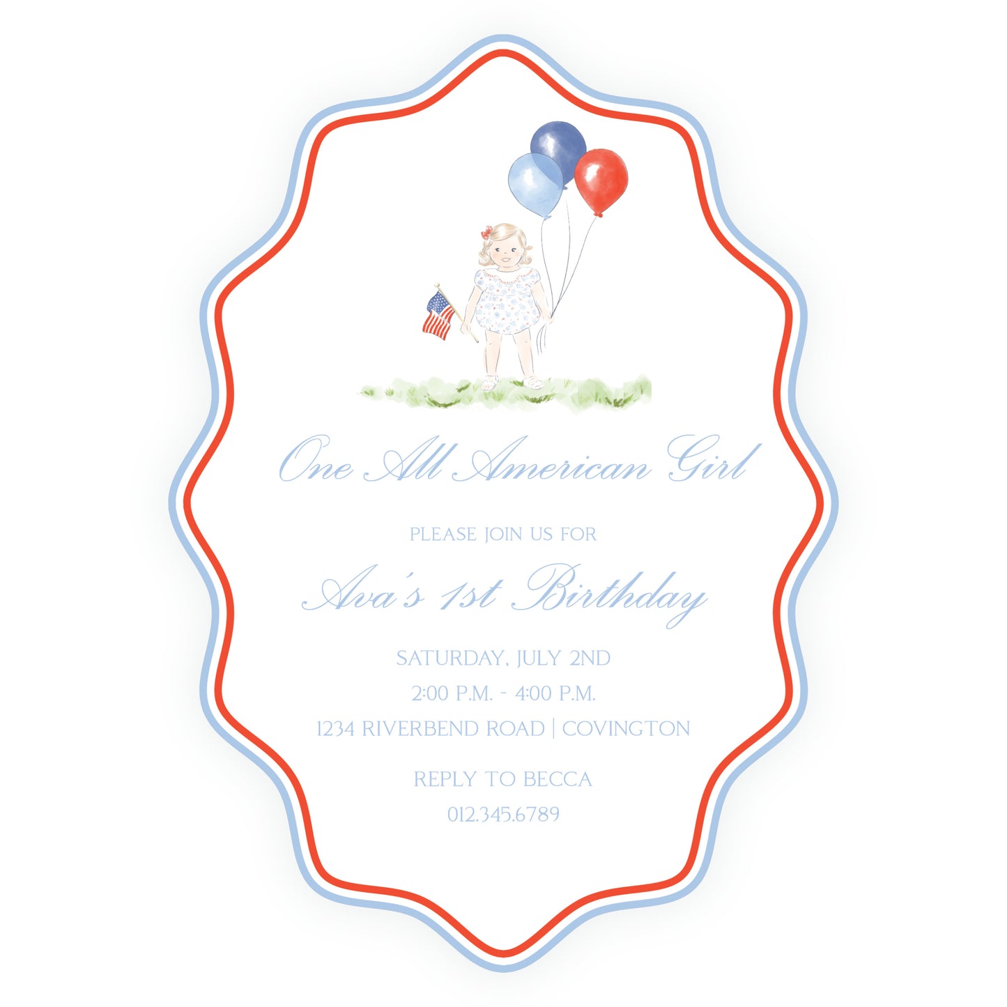 Sweet Liberty Toddler Girl and Balloons Wavy Oval Invitation