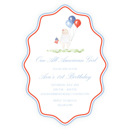 Sweet Liberty Toddler Girl and Balloons Wavy Oval Invitation
