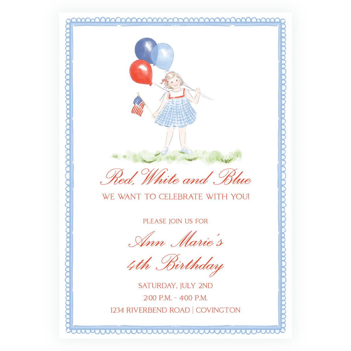 Sweet Liberty Patriotic Girl with Balloons Birthday Invitation