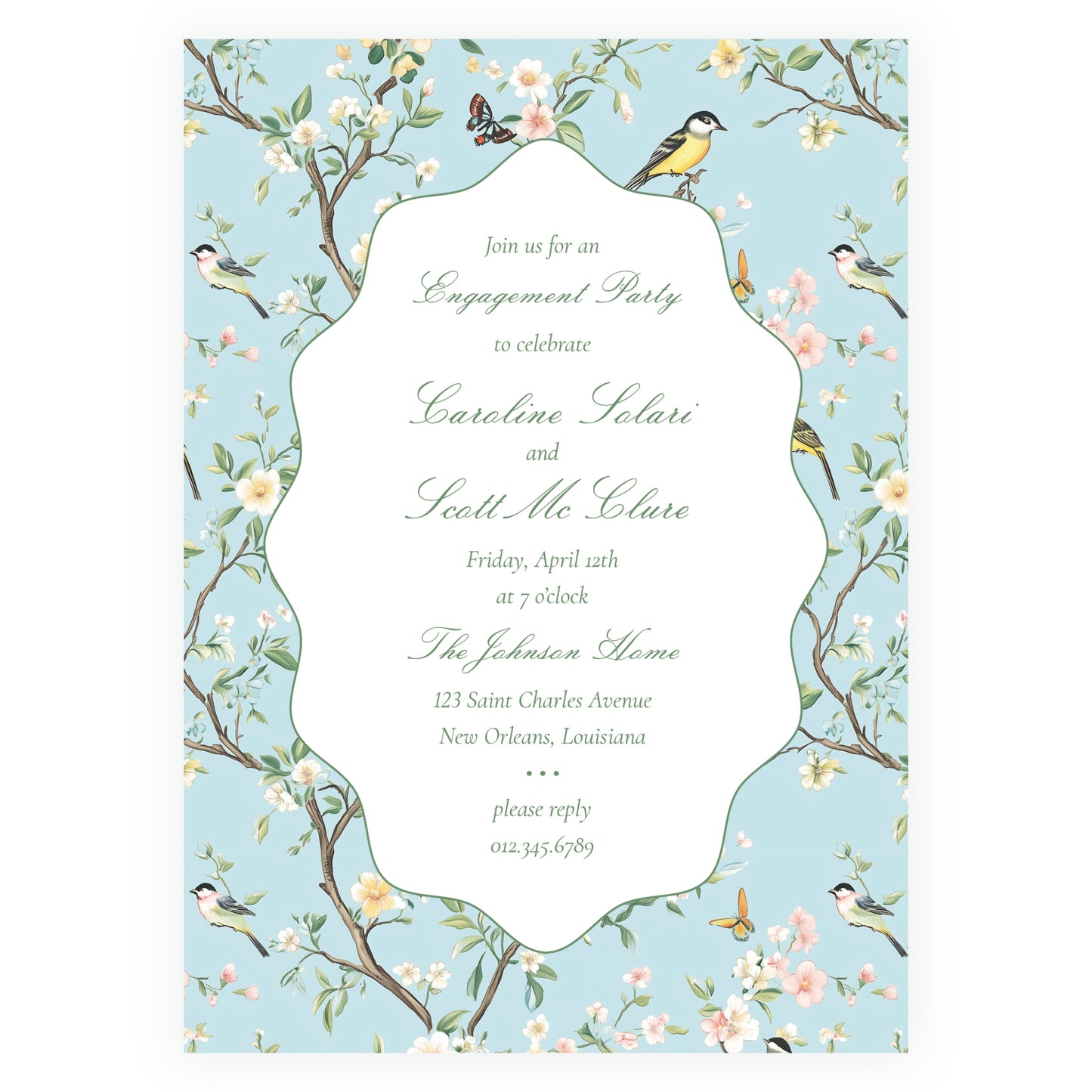 Vintage Blue Chinoiserie Wavy Border Invitation