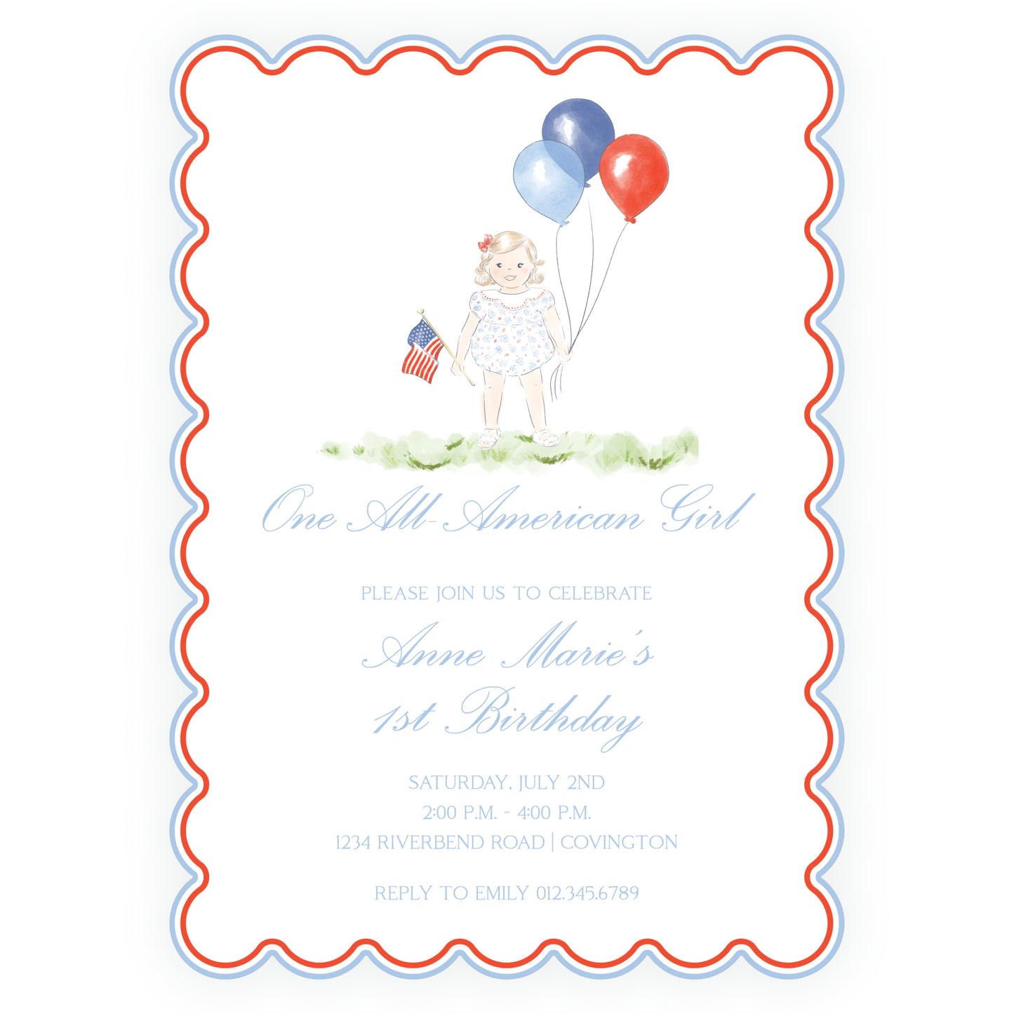 Sweet Liberty Toddler Girl and Balloons Scallop Invitation