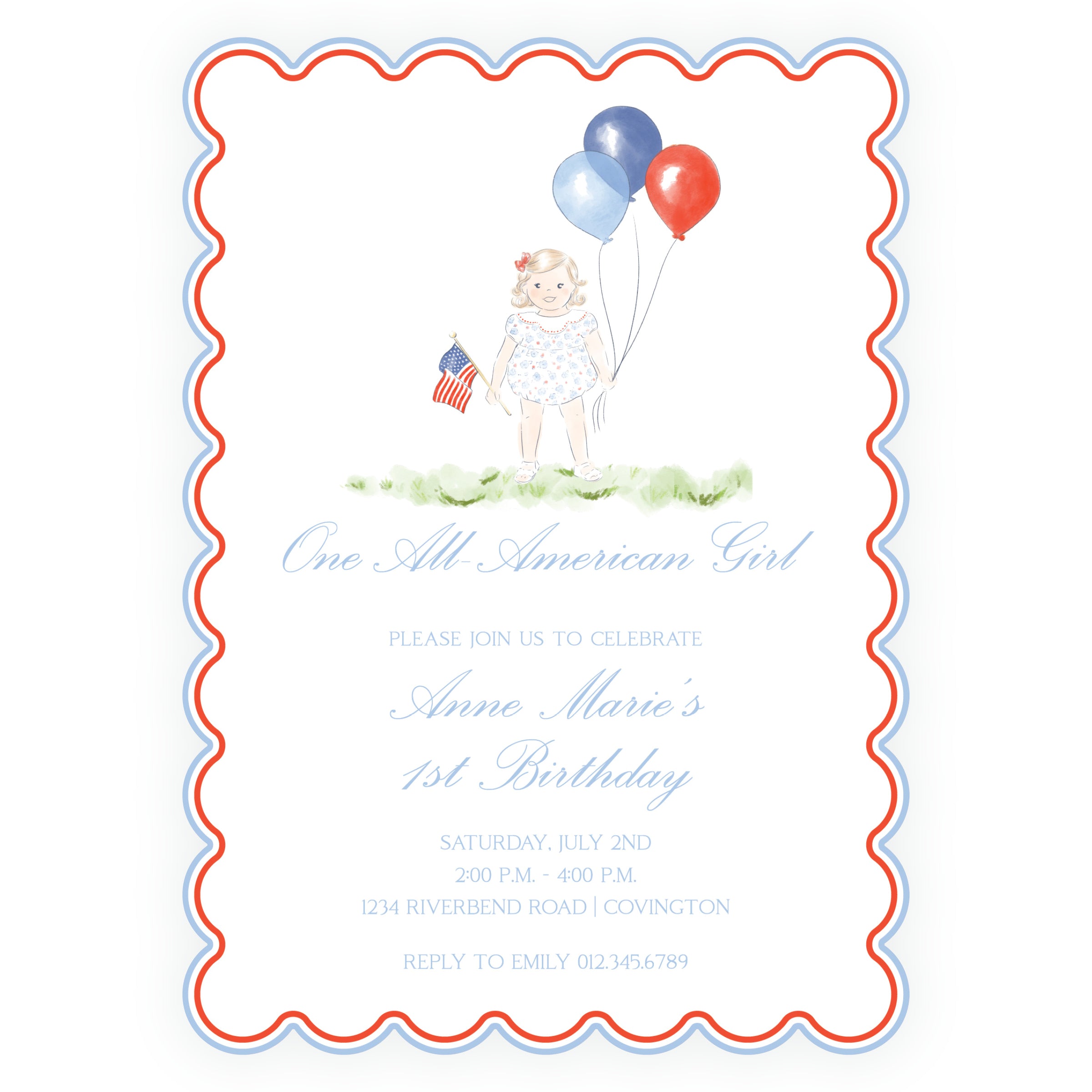 Sweet Liberty Toddler Girl and Balloons Scallop Invitation