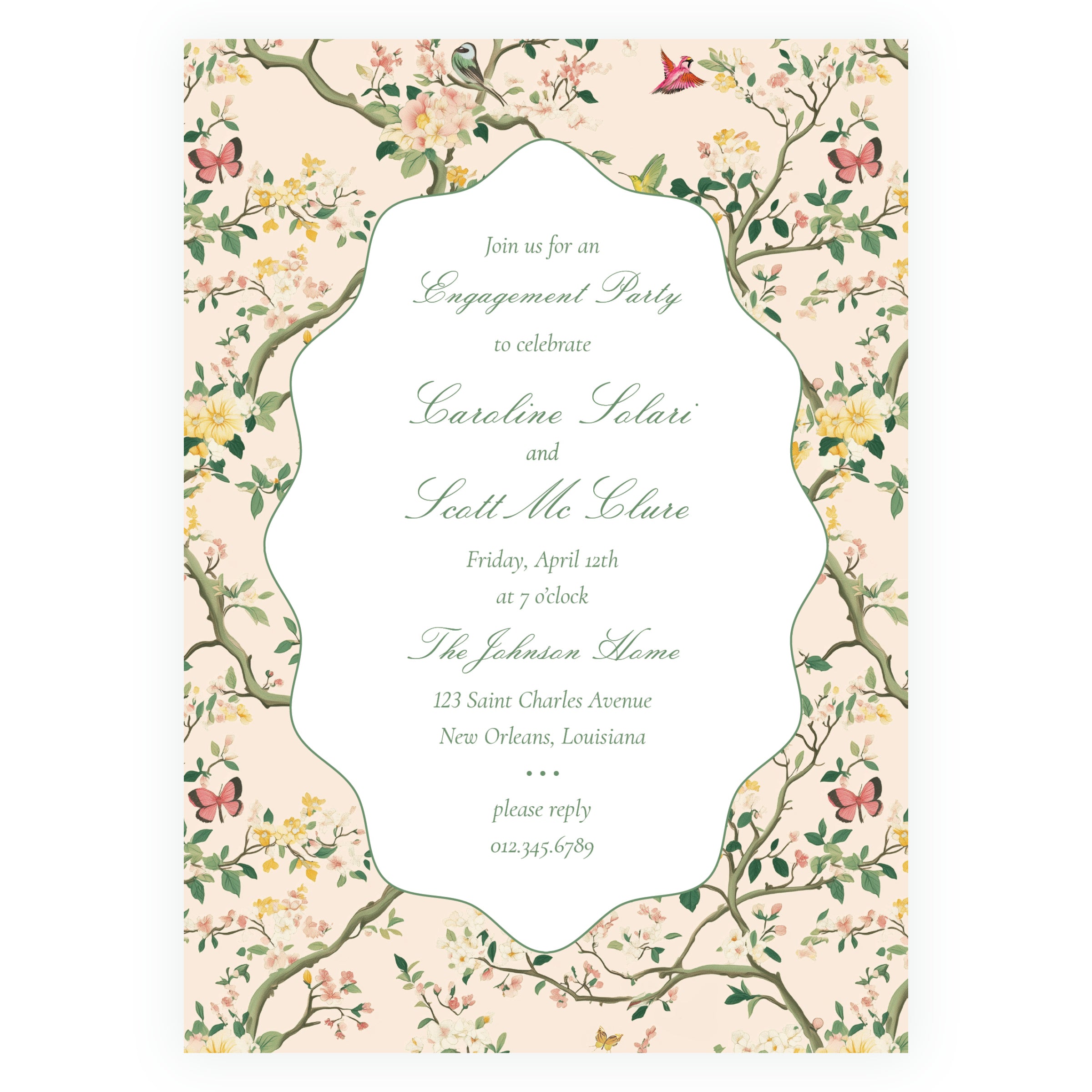 Vintage Peach Chinoiserie Wavy Border Invitation