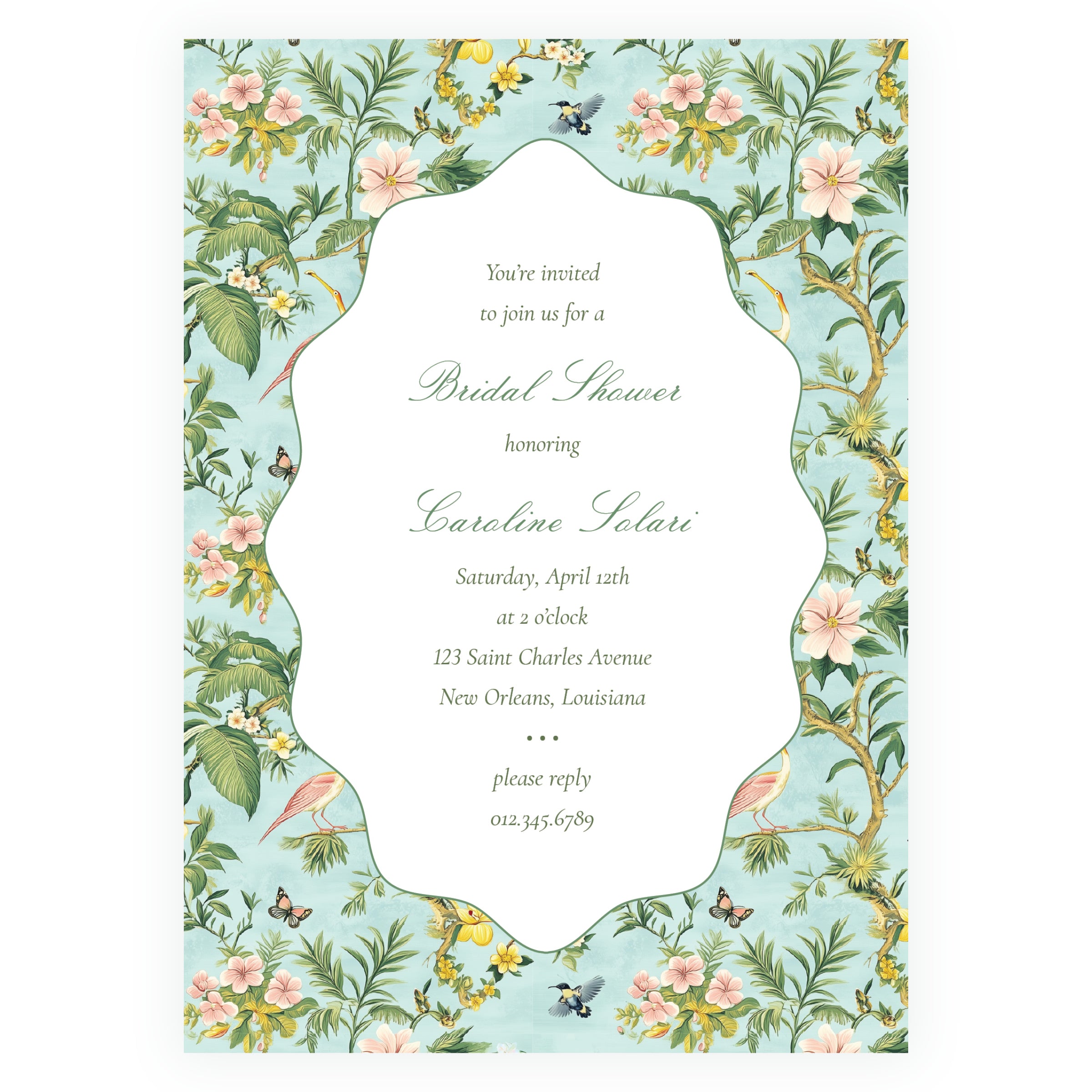 Vintage Tropical Chinoiserie Wavy Border Invitation