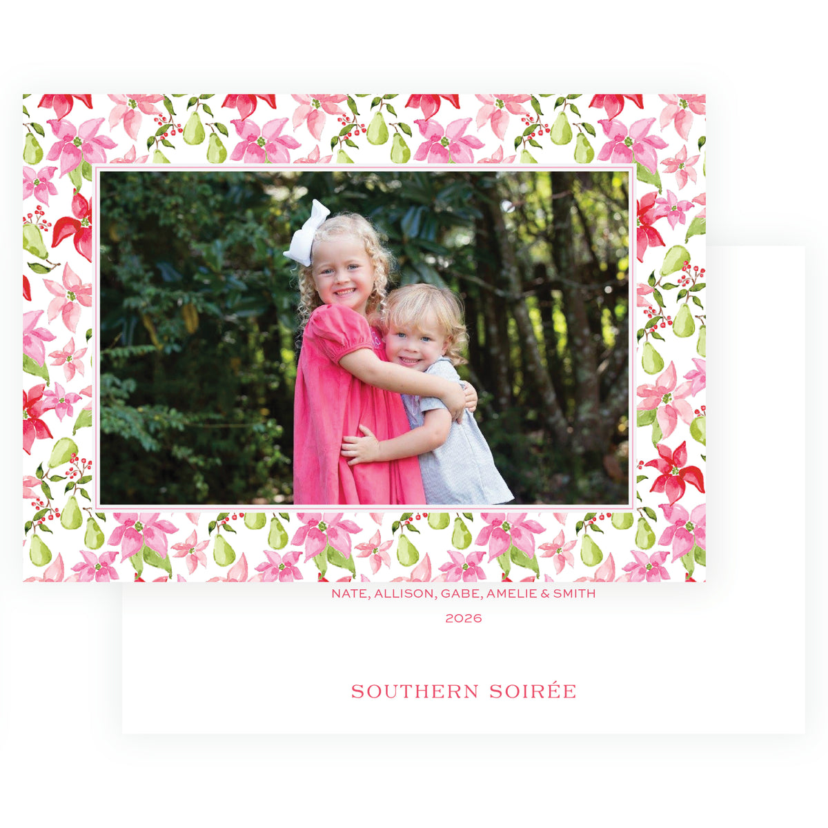 Poinsettia Garden Classic Frame landscape holiday photo card with family photo surrounded by watercolor pink and red poinsettias and greenery