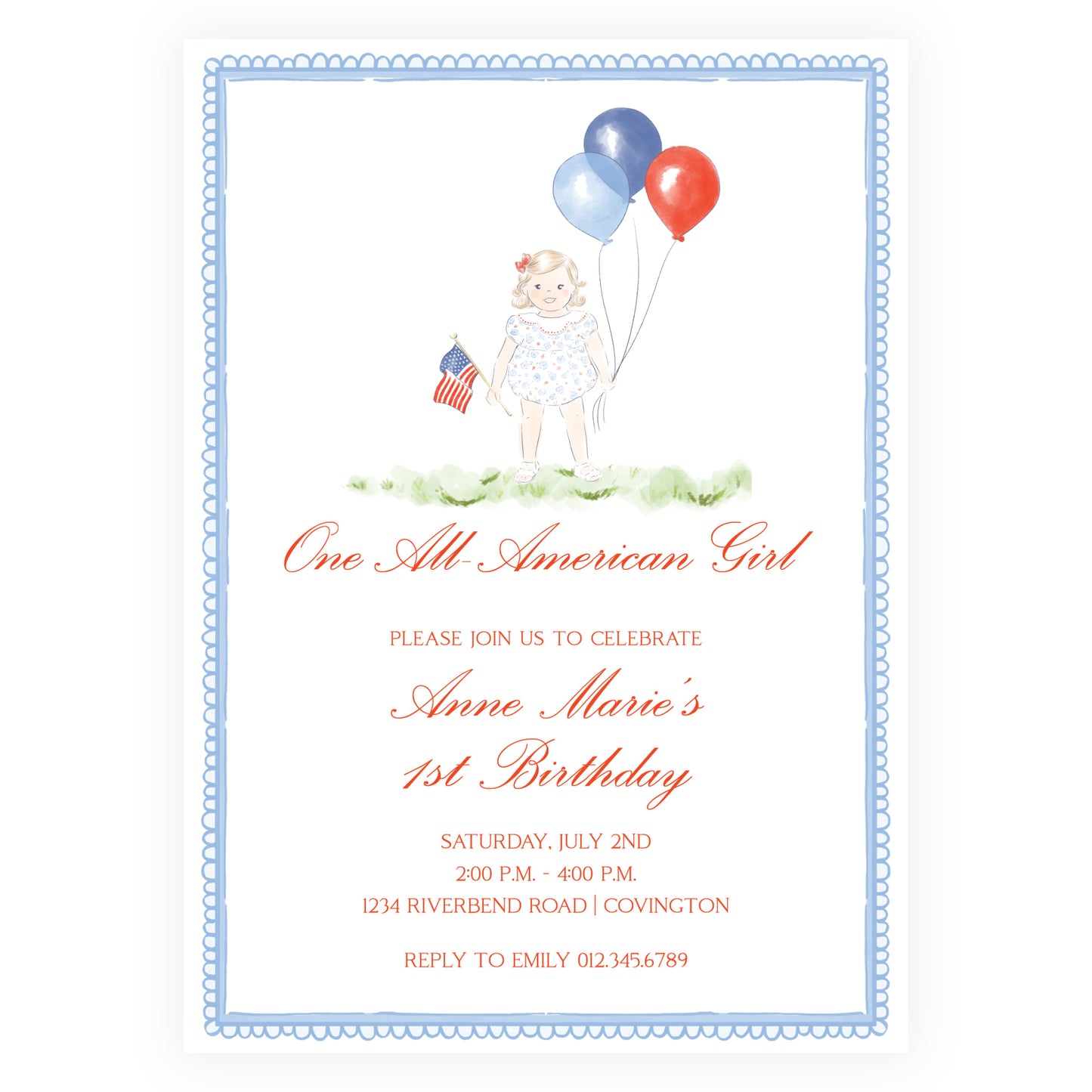 Sweet Liberty Toddler Girl and Balloons Invitation