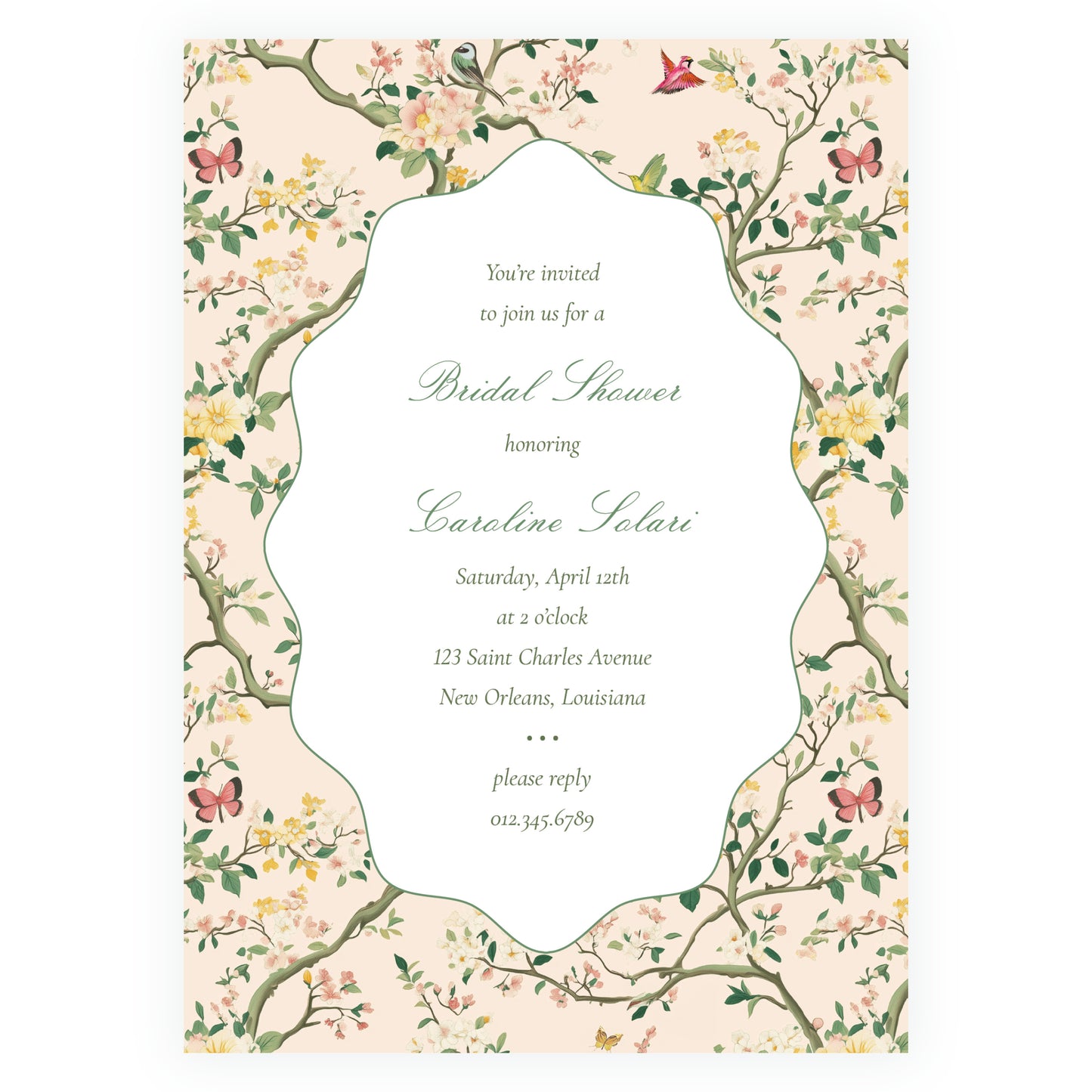 Vintage Peach Chinoiserie Wavy Border Invitation