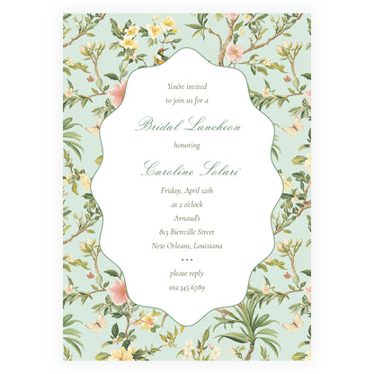 Vintage Green Chinoiserie Wavy Border Invitation