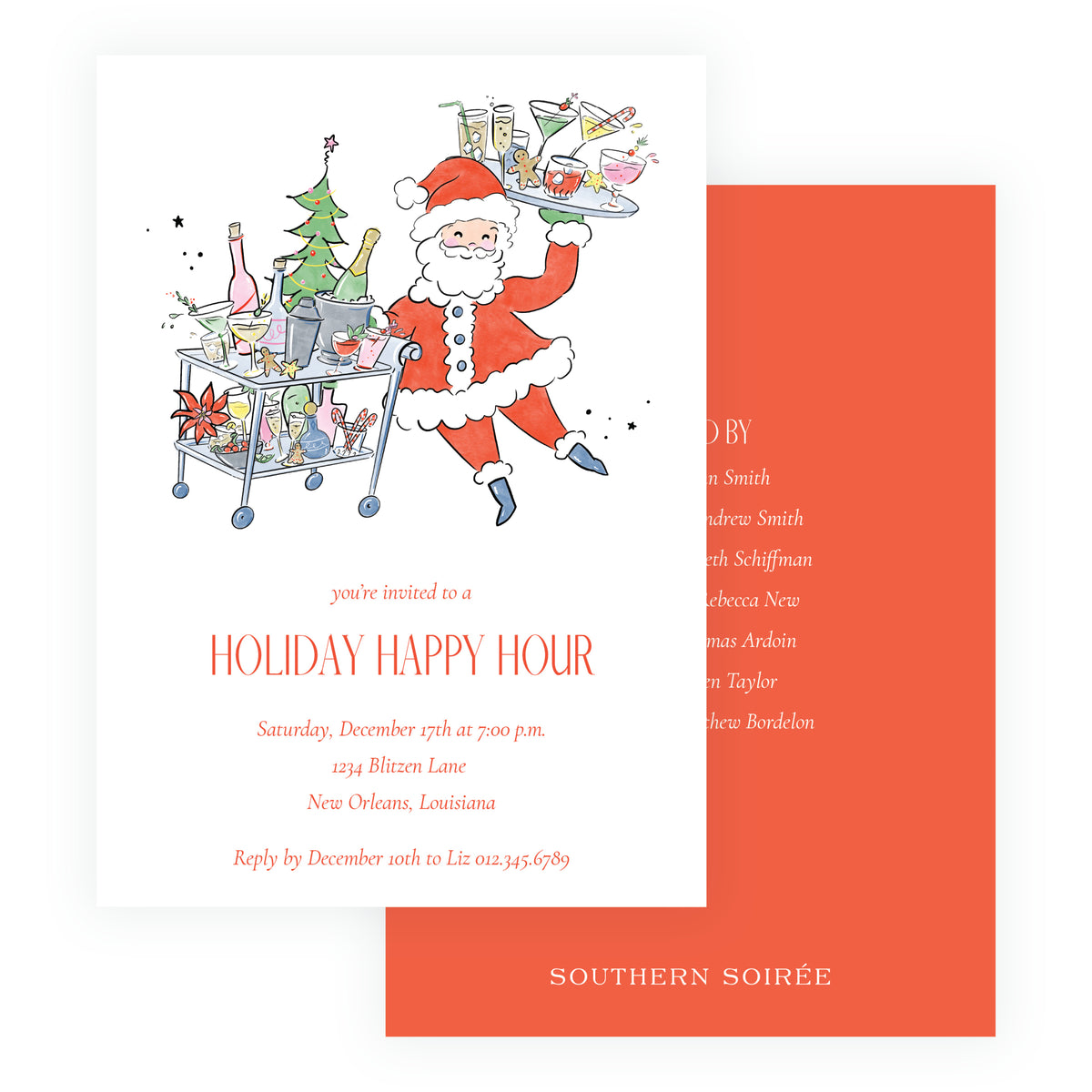 Personalized Santa holiday happy hour Christmas party invitation with festive cocktails, bar cart and coordinating back color options