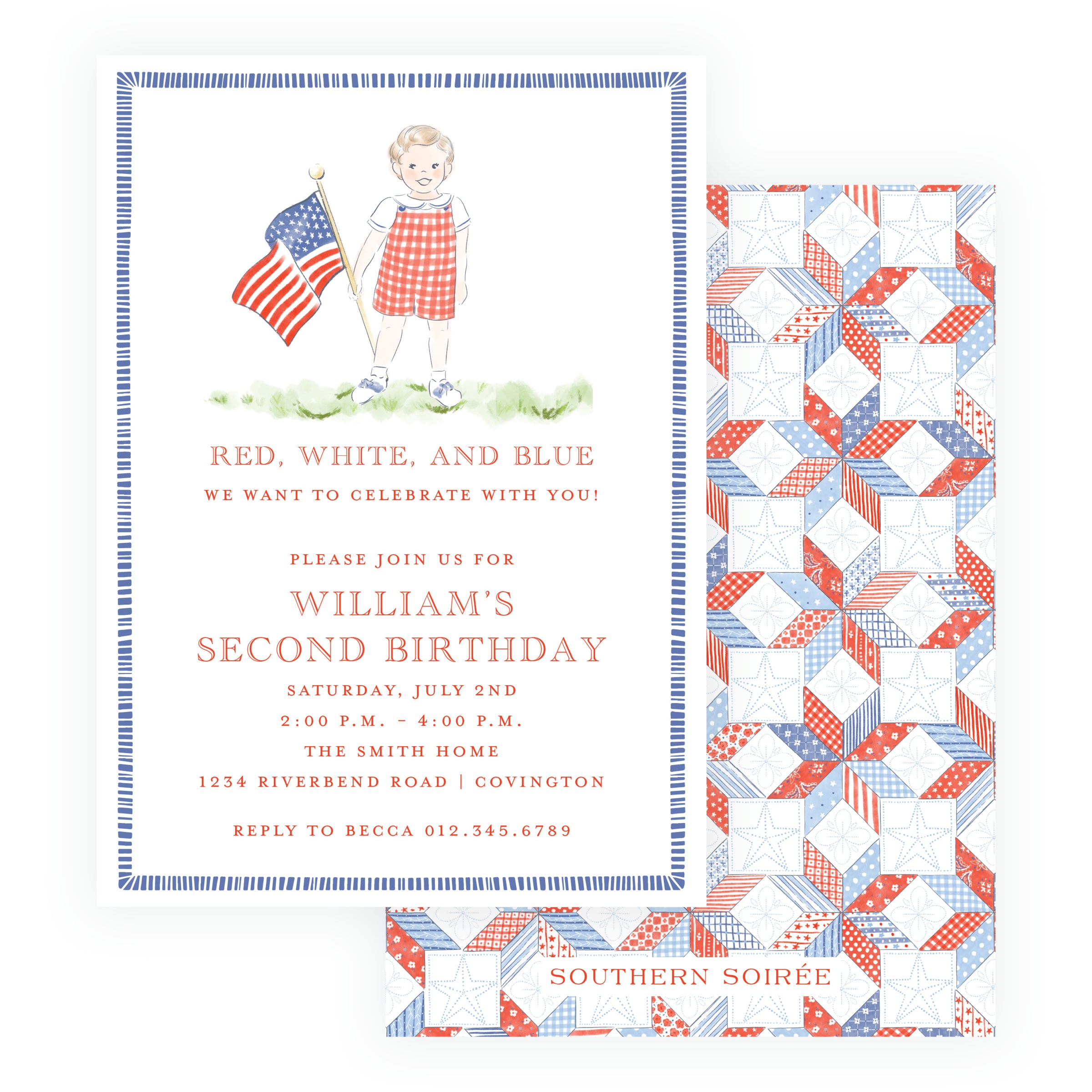 All-American boy birthday invitation with child in red gingham holding an American flag and patriotic quilt-patterned back