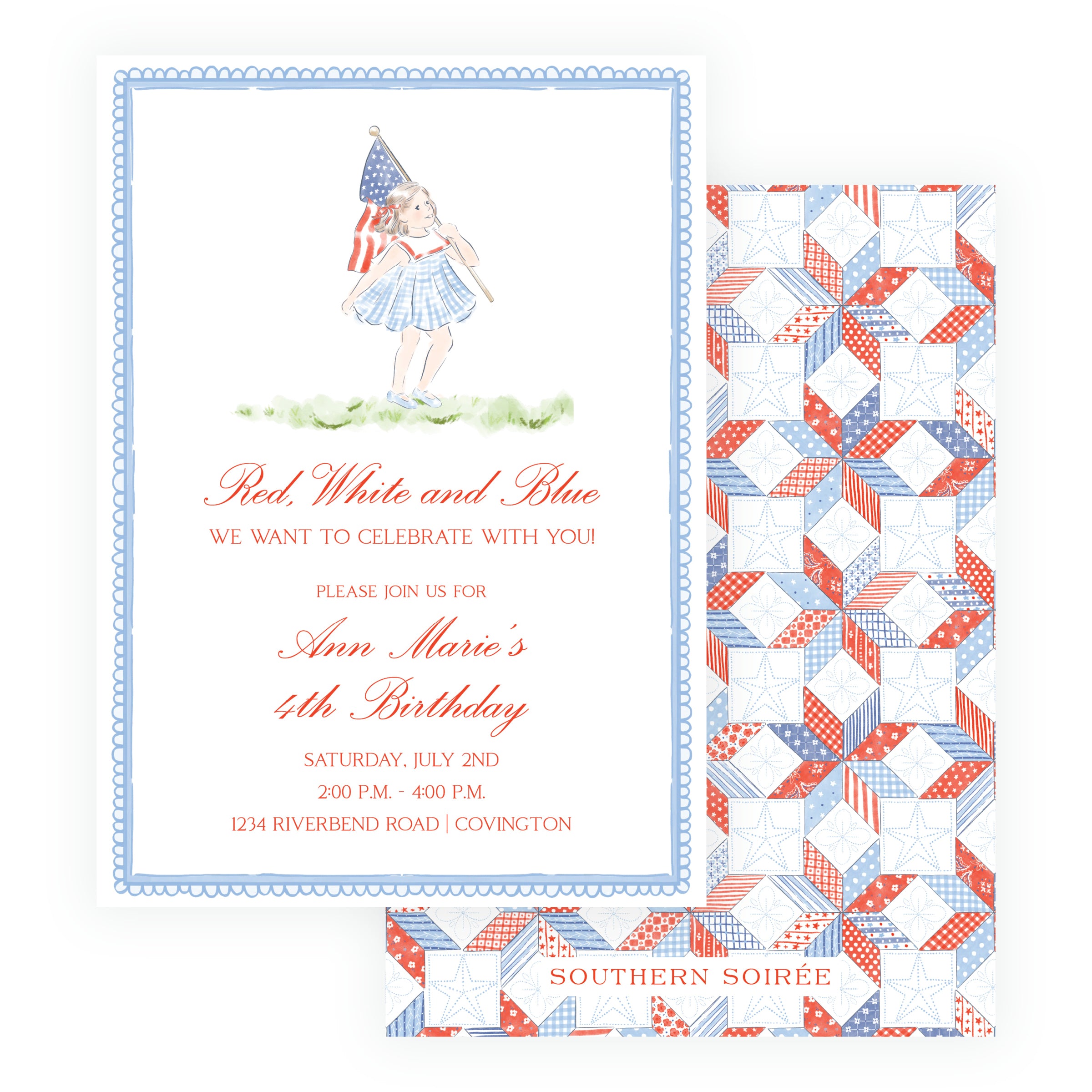 Patriotic girl birthday invitation with child in blue gingham dress carrying an American flag and quilt-patterned back