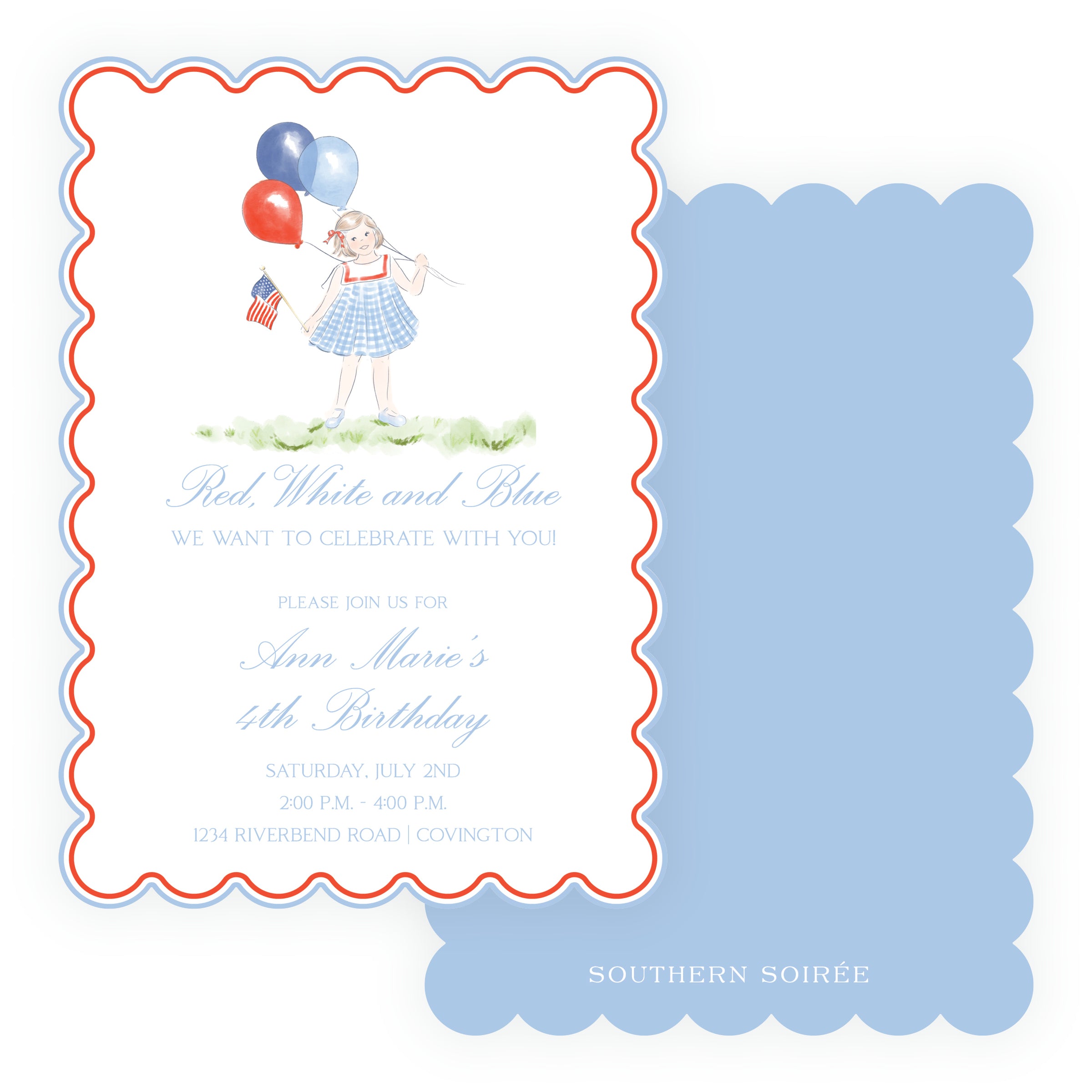 Sweet Liberty Girl with Balloons Scallop Invitation