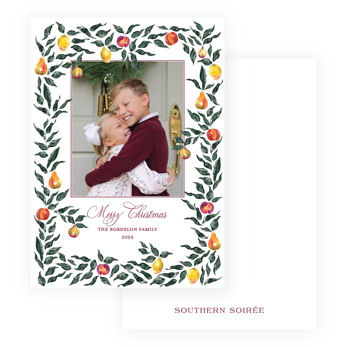 Sugar Plum Botanical Border portrait Christmas photo card with watercolor greenery, pears, fruit and personalized family photo