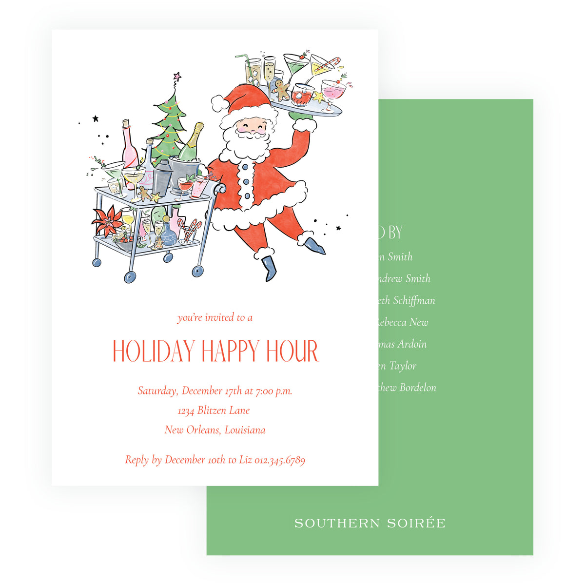 Personalized Santa holiday happy hour Christmas party invitation with festive cocktails, bar cart and coordinating back color options