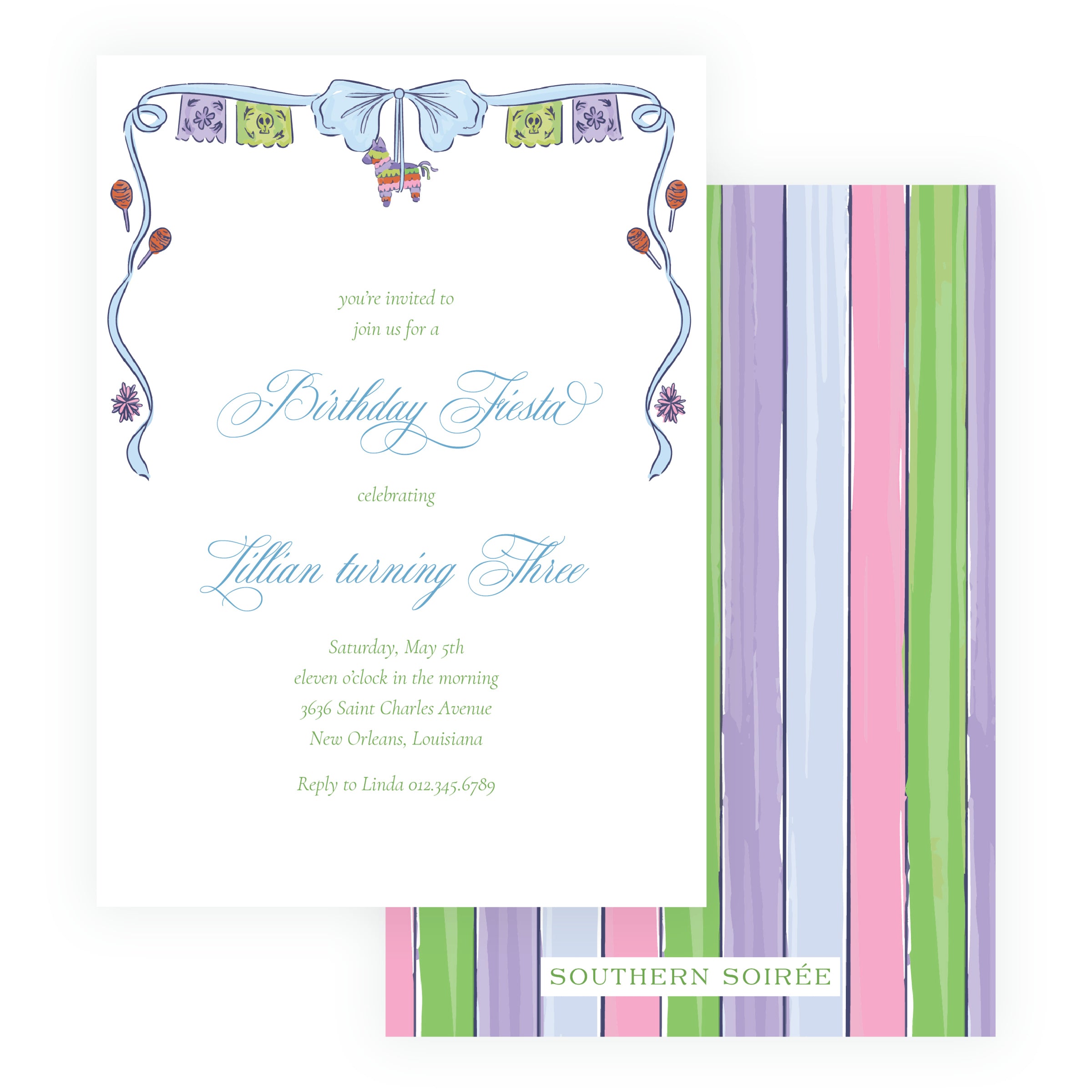 Colorful fiesta birthday invitation with papel picado and piñata artwork