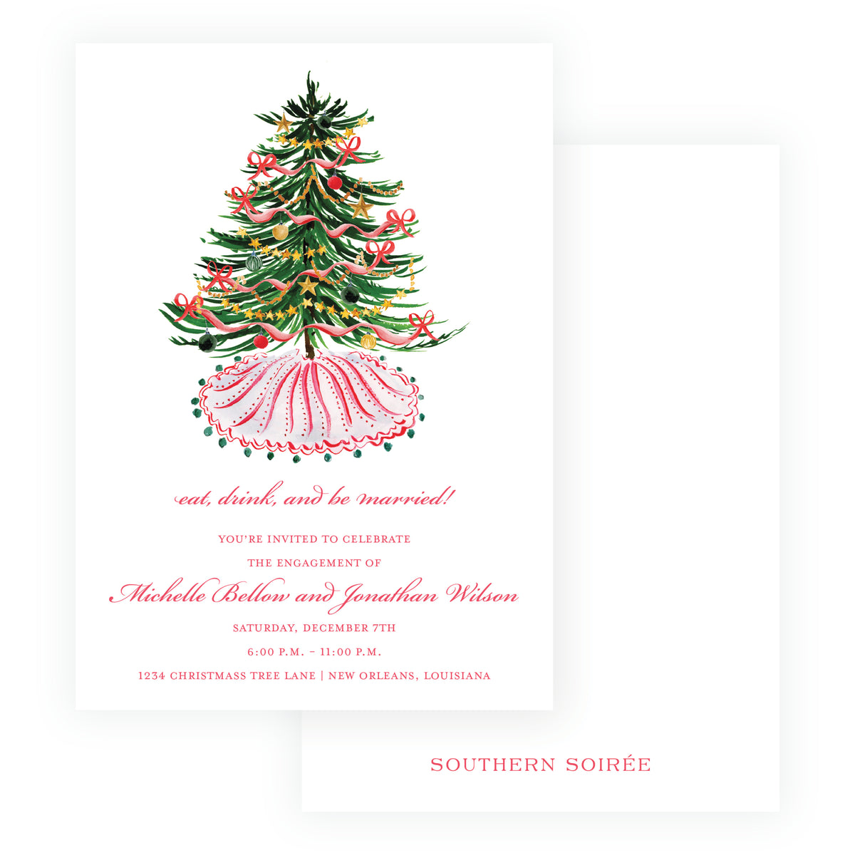 Festive Fir Christmas engagement party invitation with decorated holiday tree, ornaments and colorful bows
